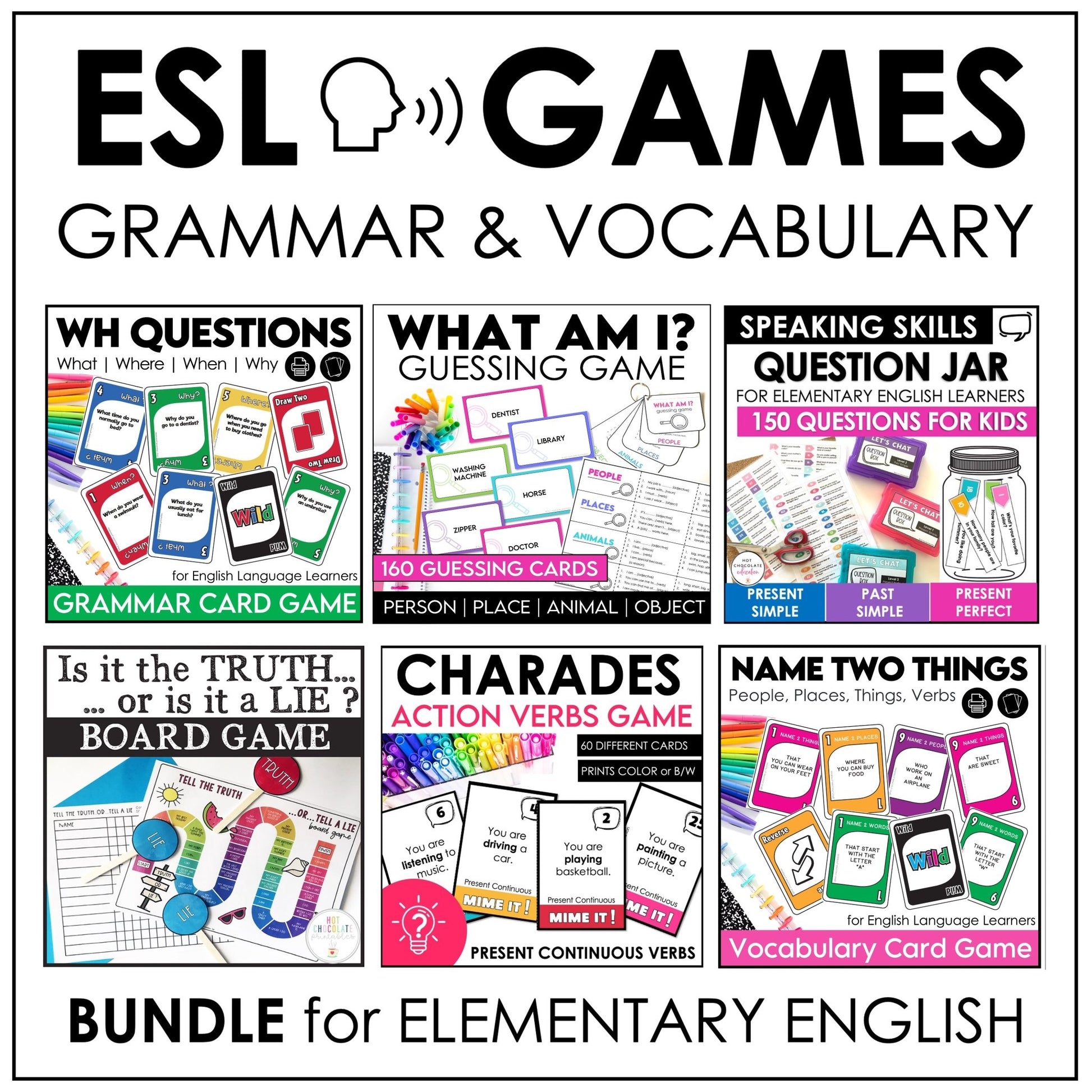 ESL Games Bundle Elementary Grammar and Vocabulary Building Activities - Hot Chocolate Teachables
