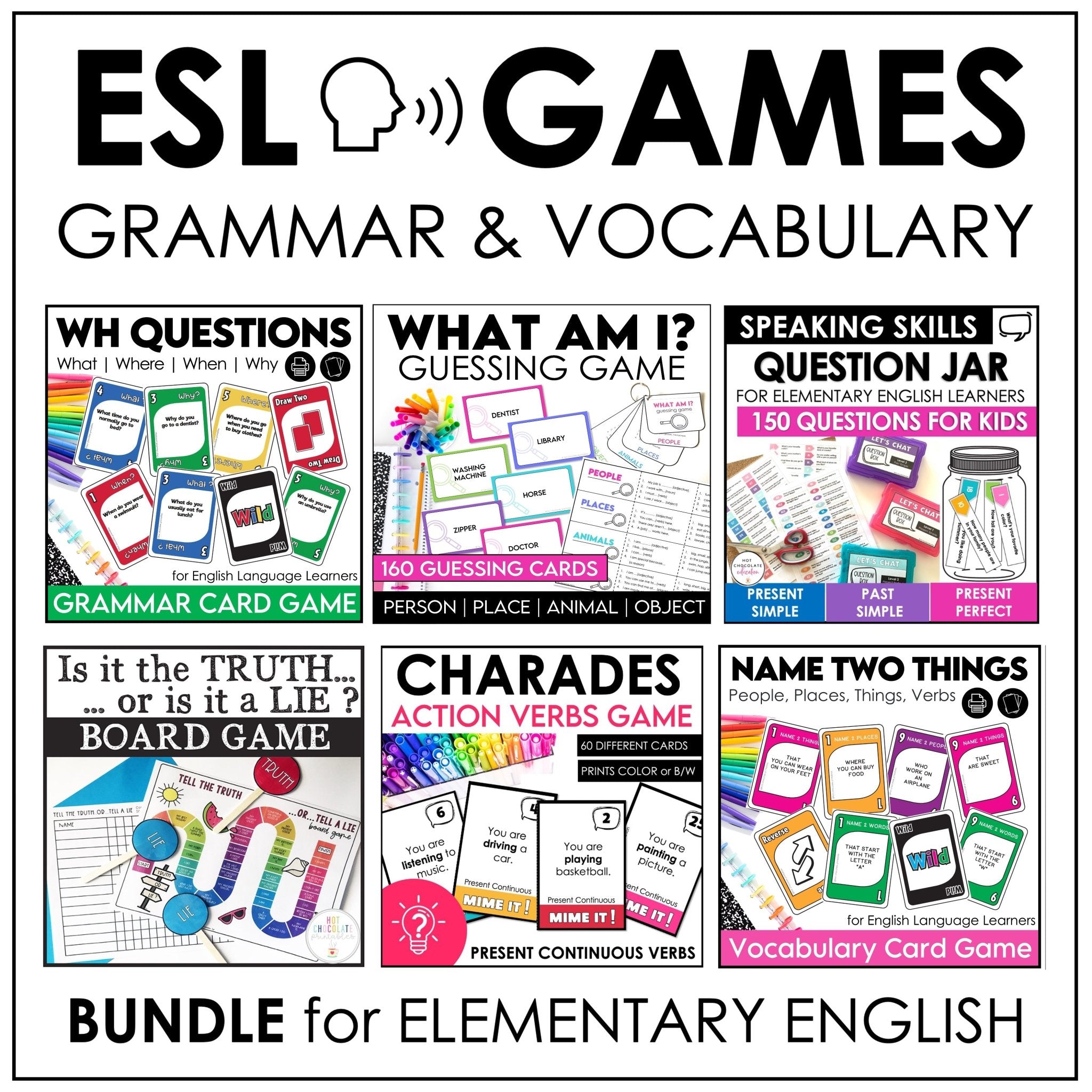 ESL Games Bundle Elementary Grammar and Vocabulary Building Activities - Hot Chocolate Teachables