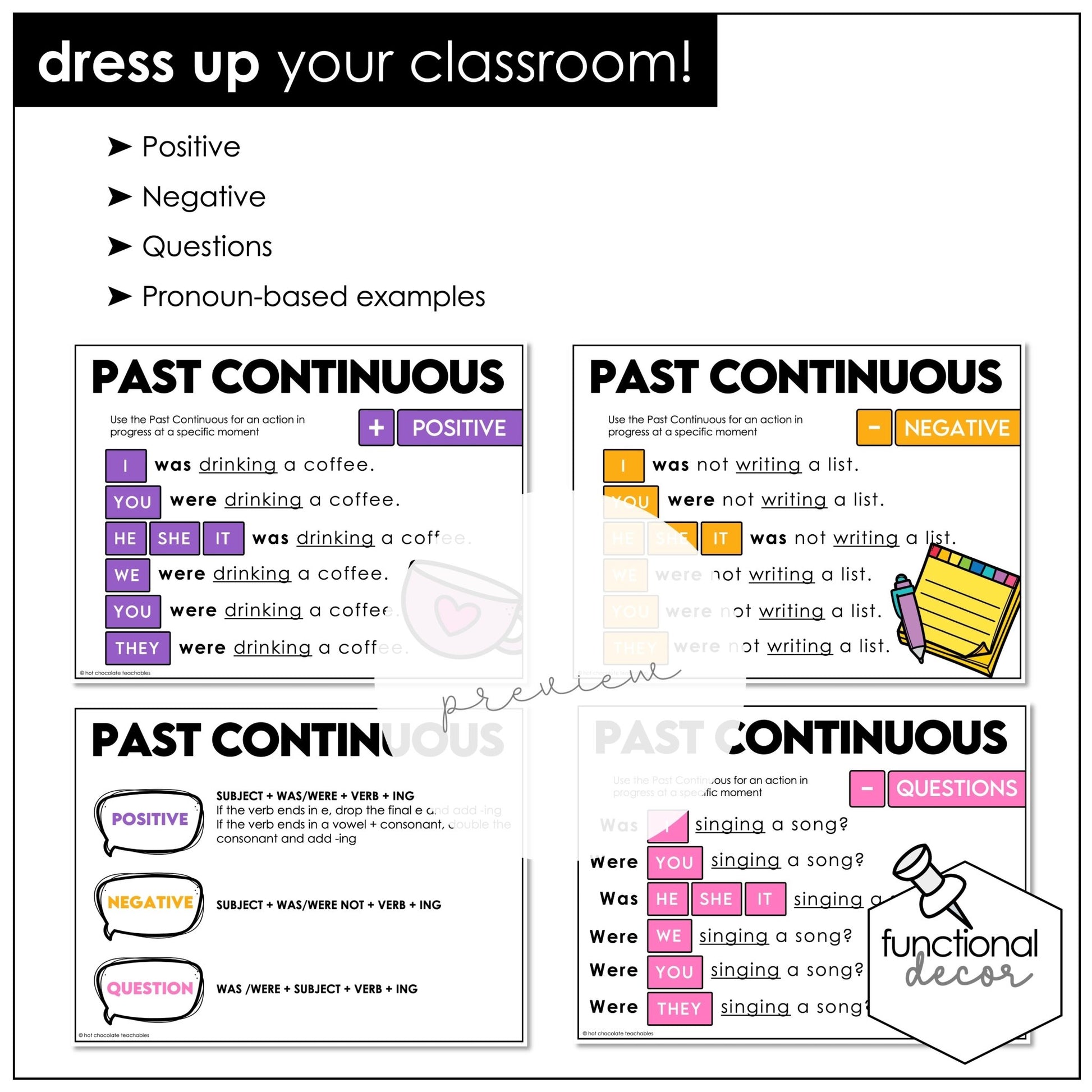 ESL Grammar Posters: Past Tenses - Regular & Irregular , Past Continuous - Hot Chocolate Teachables