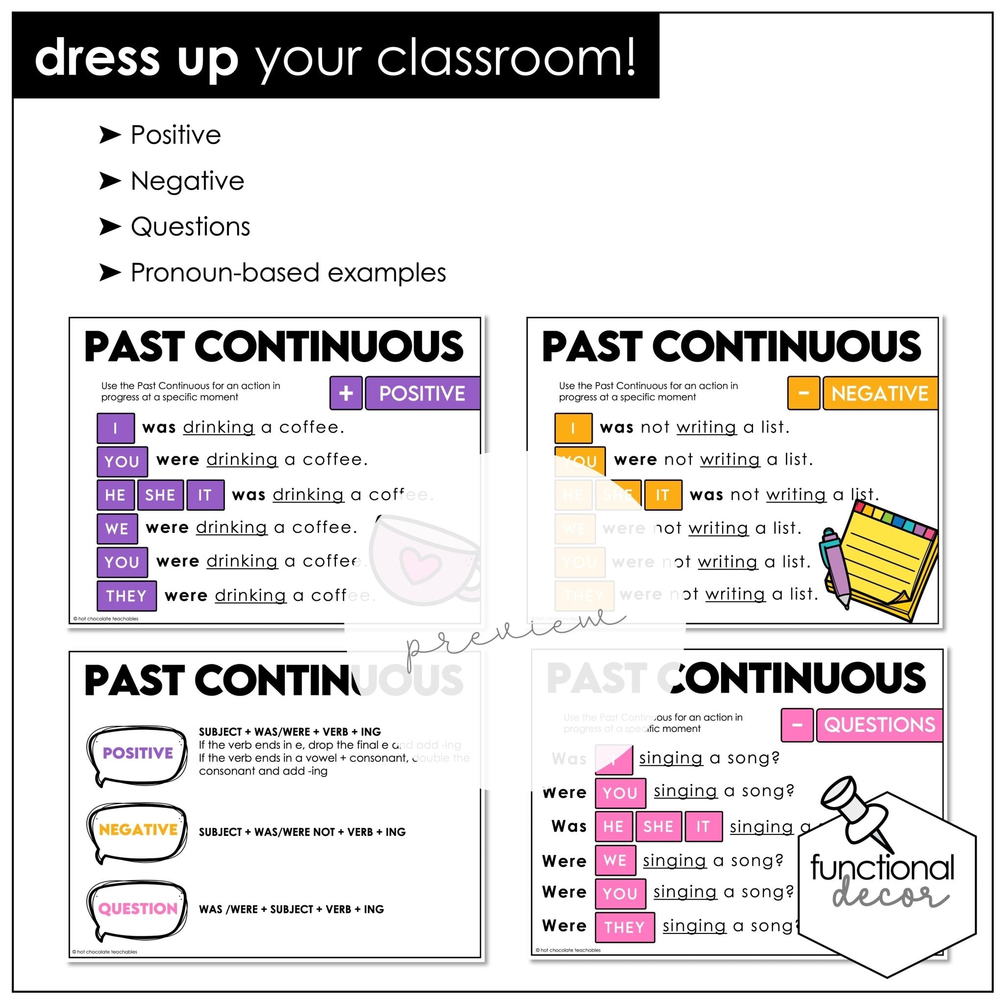 ESL Grammar Posters: Past Tenses - Regular & Irregular , Past Continuous - Hot Chocolate Teachables