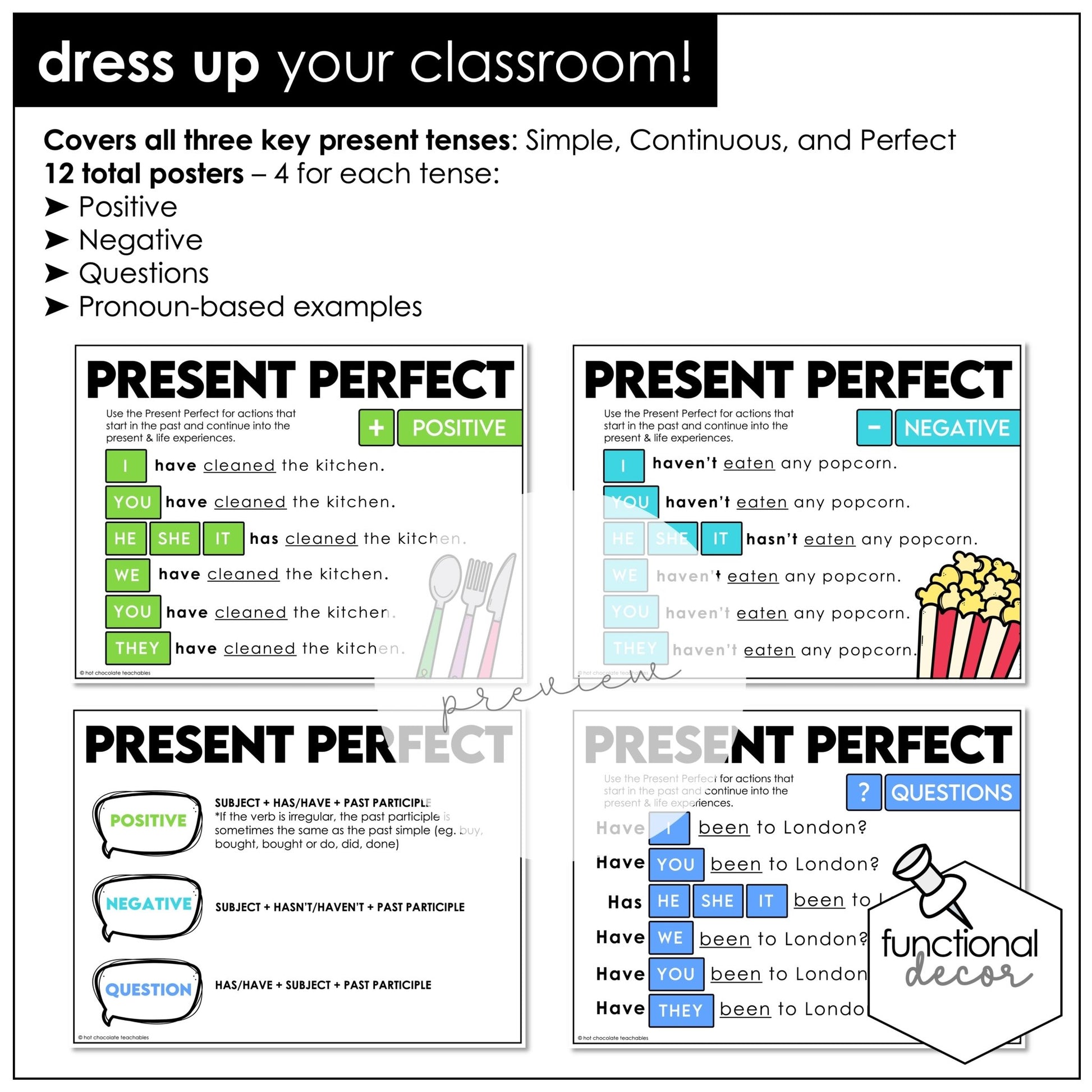 ESL Grammar Posters: Present Tenses - Simple, Continuous, Perfect - Hot Chocolate Teachables