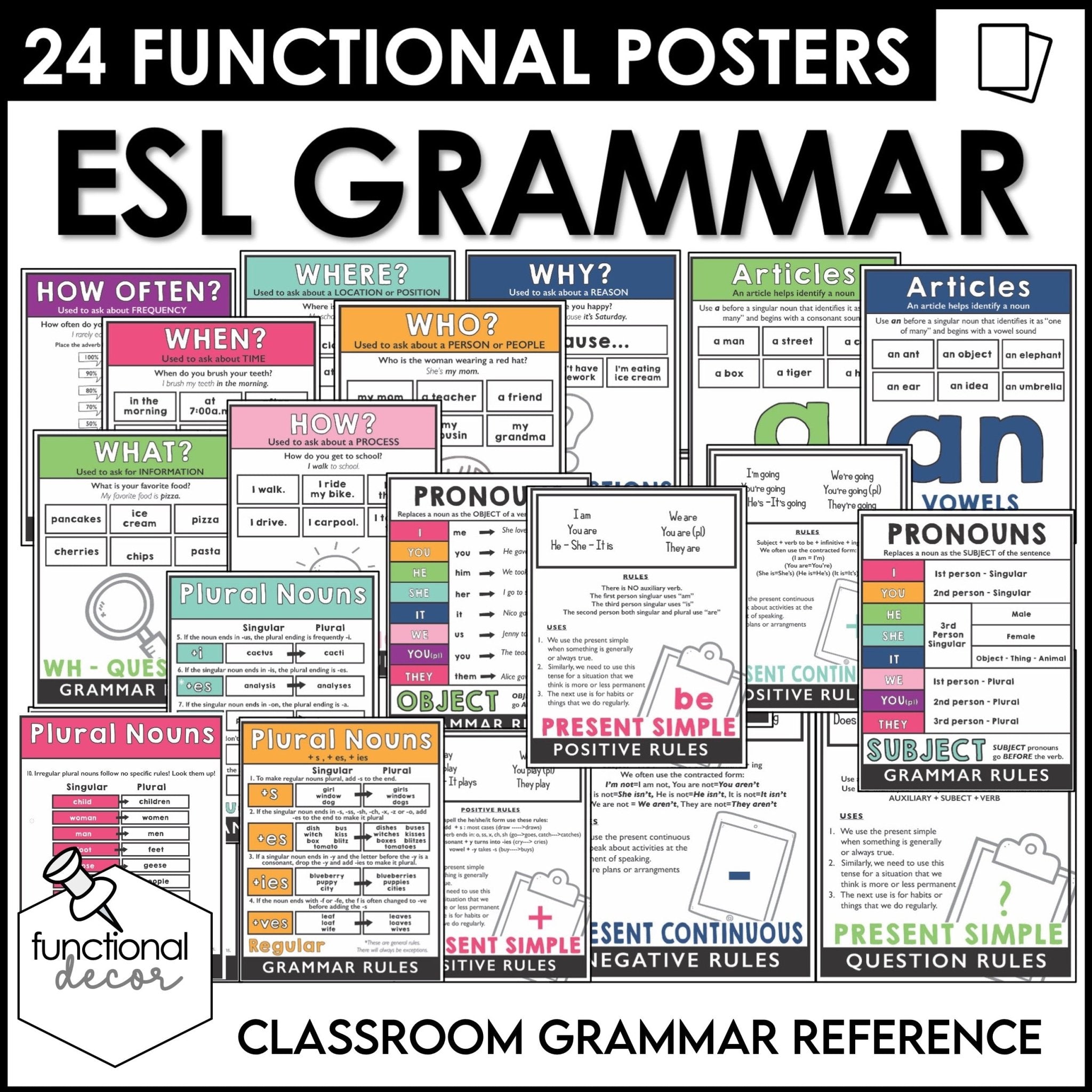 ESL Grammar Posters: Set of 24 visuals to use as Functional Classroom Decor - Hot Chocolate Teachables