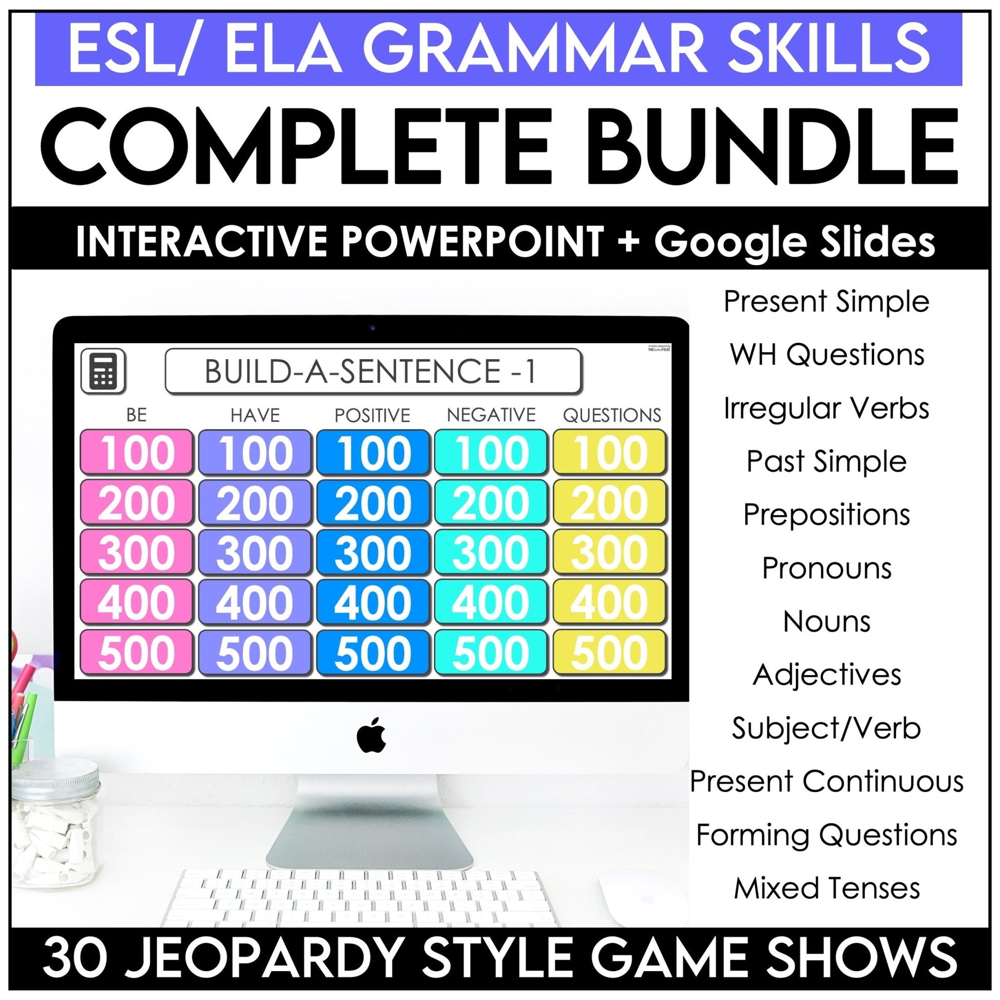 ESL GRAMMAR SKILLS BUNDLE - 30 Jeopardy Style Digital Game Shows - Hot Chocolate Teachables