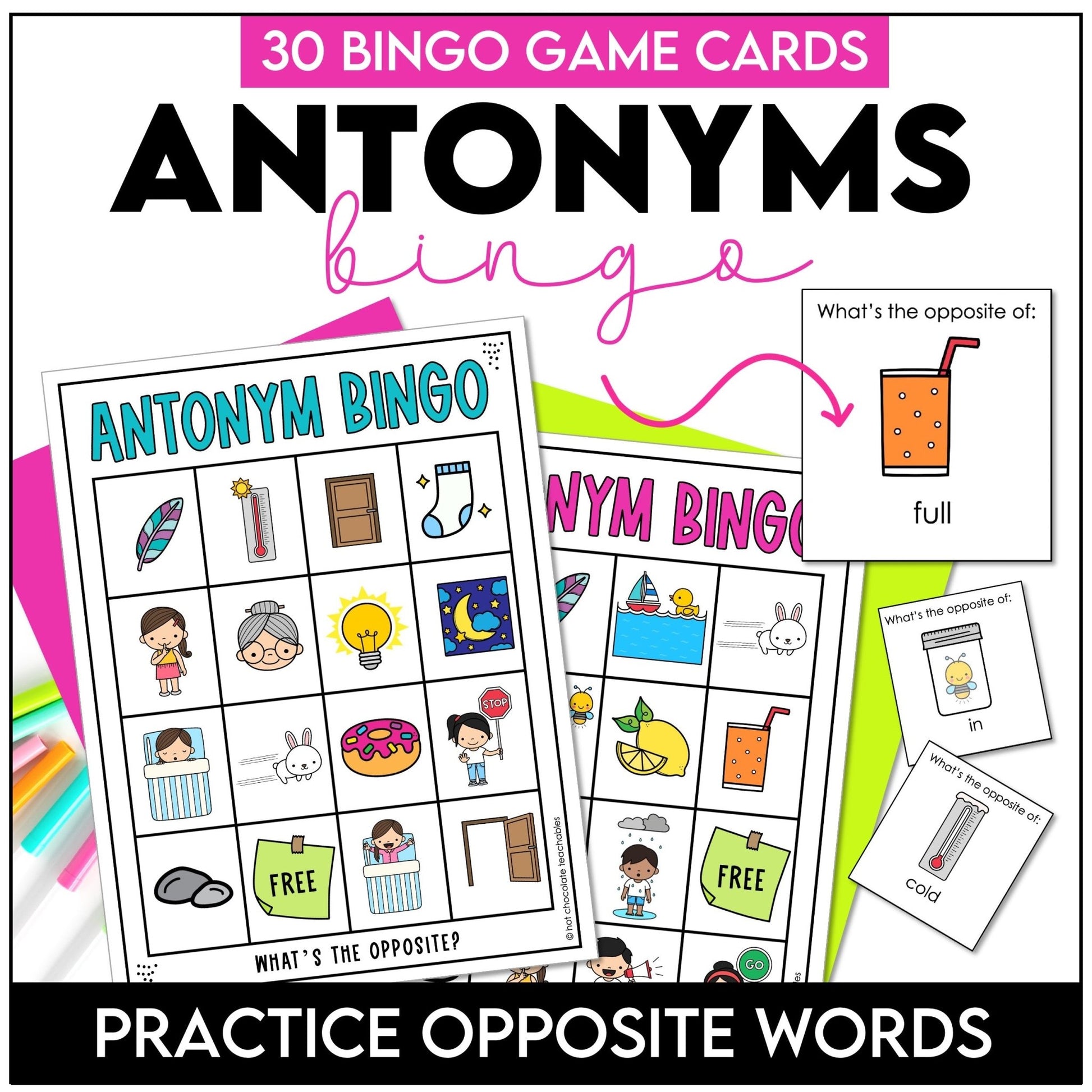 ESL Opposite Words Bingo | Printable Antonym Game for Vocabulary Building - Hot Chocolate Teachables