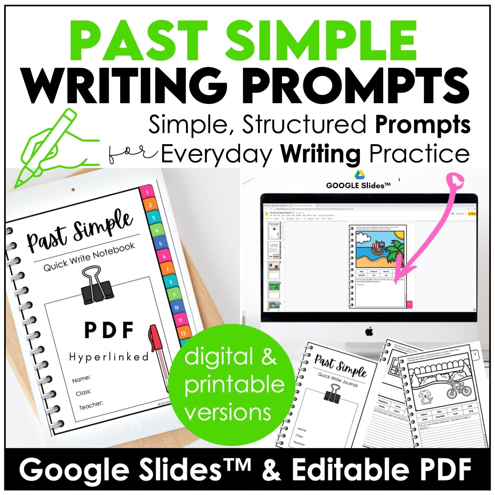 ESL Past Simple Writing Prompts Digital Notebook | + Editable & Printable PDF - Hot Chocolate Teachables