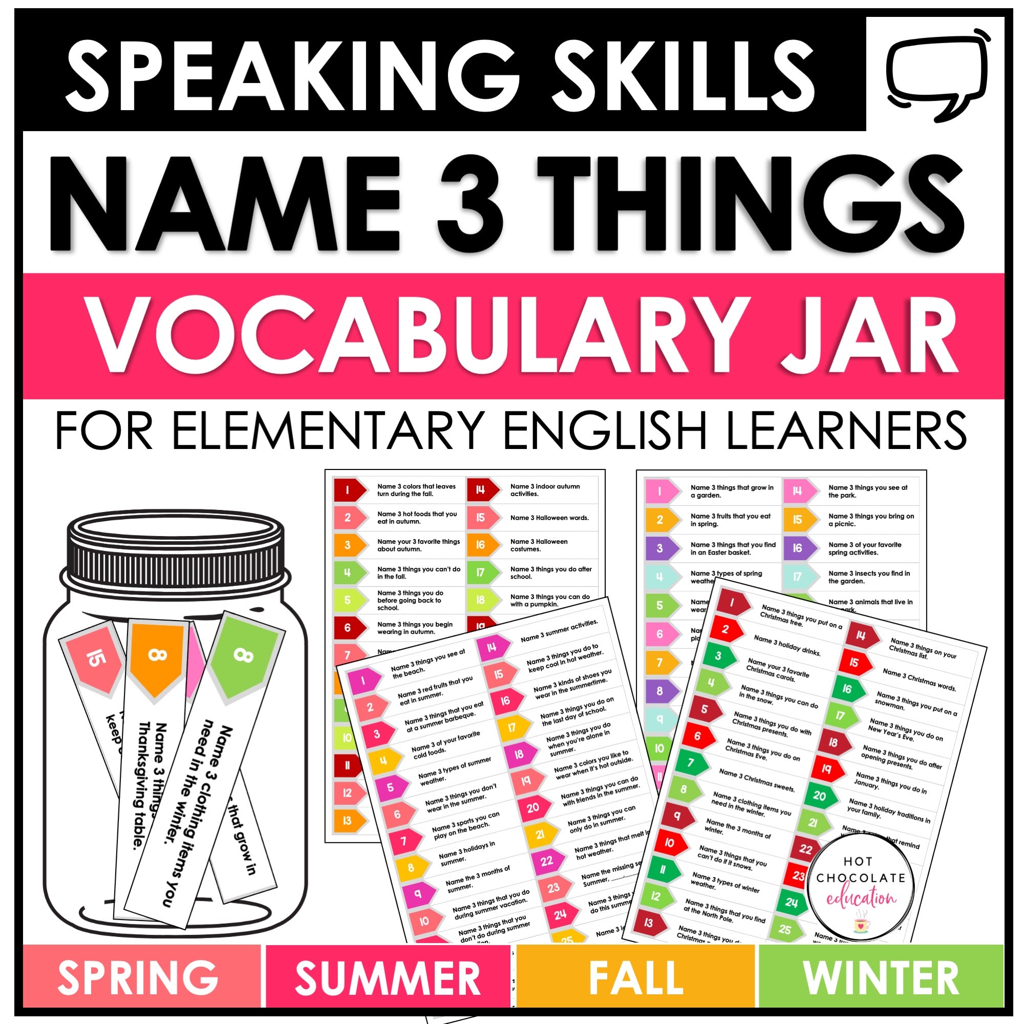 ESL Vocabulary Activity for Kids | Name 3: Spring, Summer, Fall, Winter - Hot Chocolate Teachables