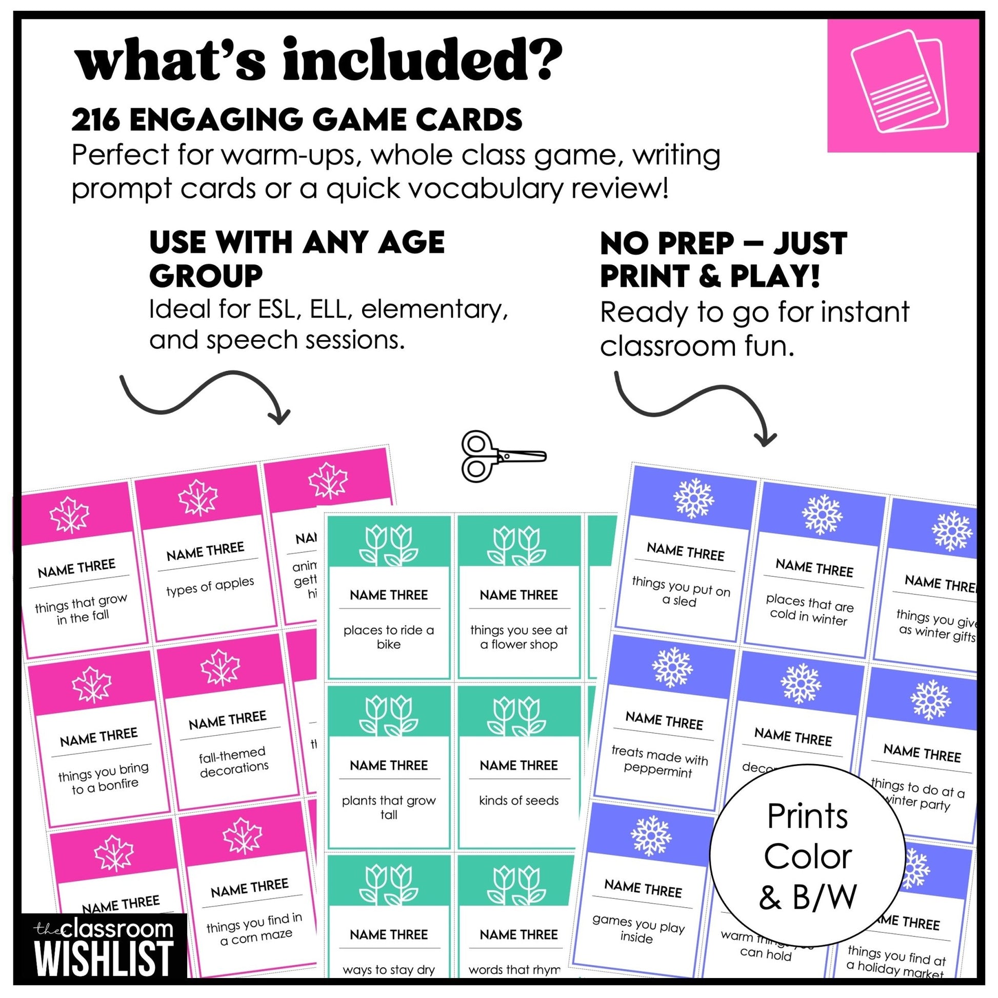 ESL Vocabulary Building Card Games | Name 3 Things | Summer | Spring | Fall | Winter - Hot Chocolate Teachables