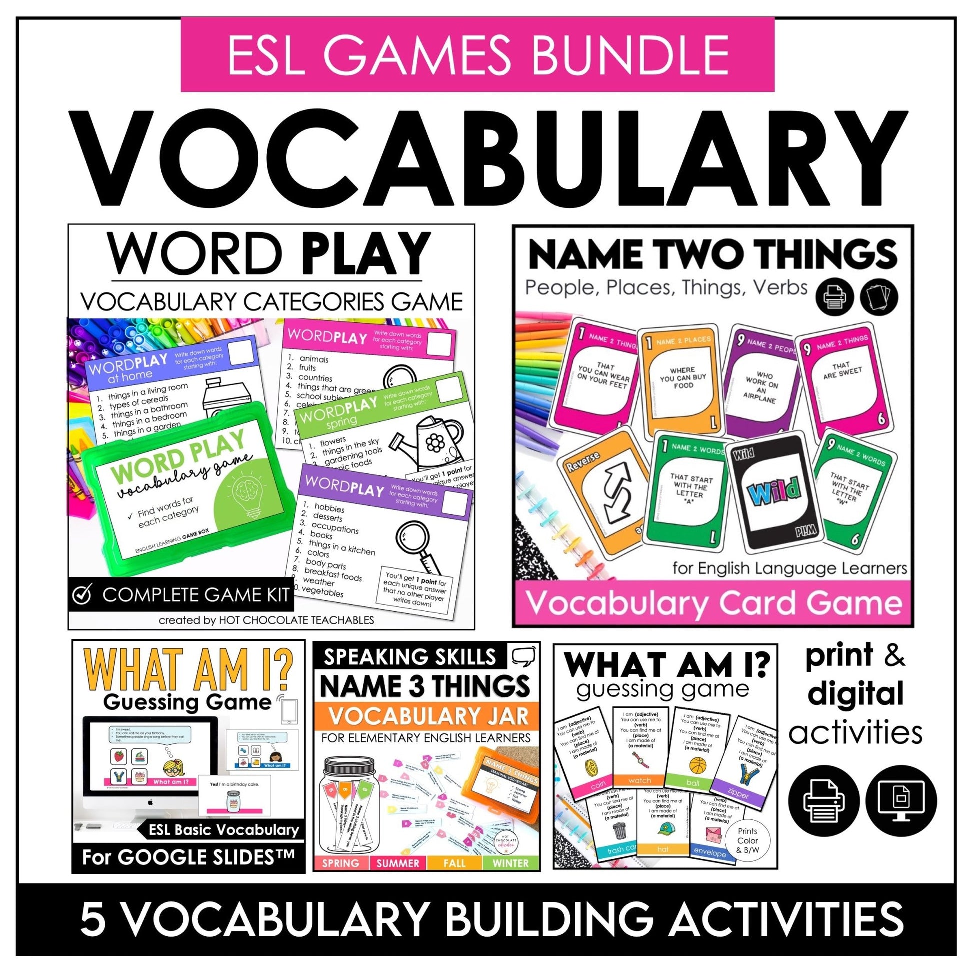 ESL Vocabulary Building: Digital & Print Games Bundle for Kids - Hot Chocolate Teachables