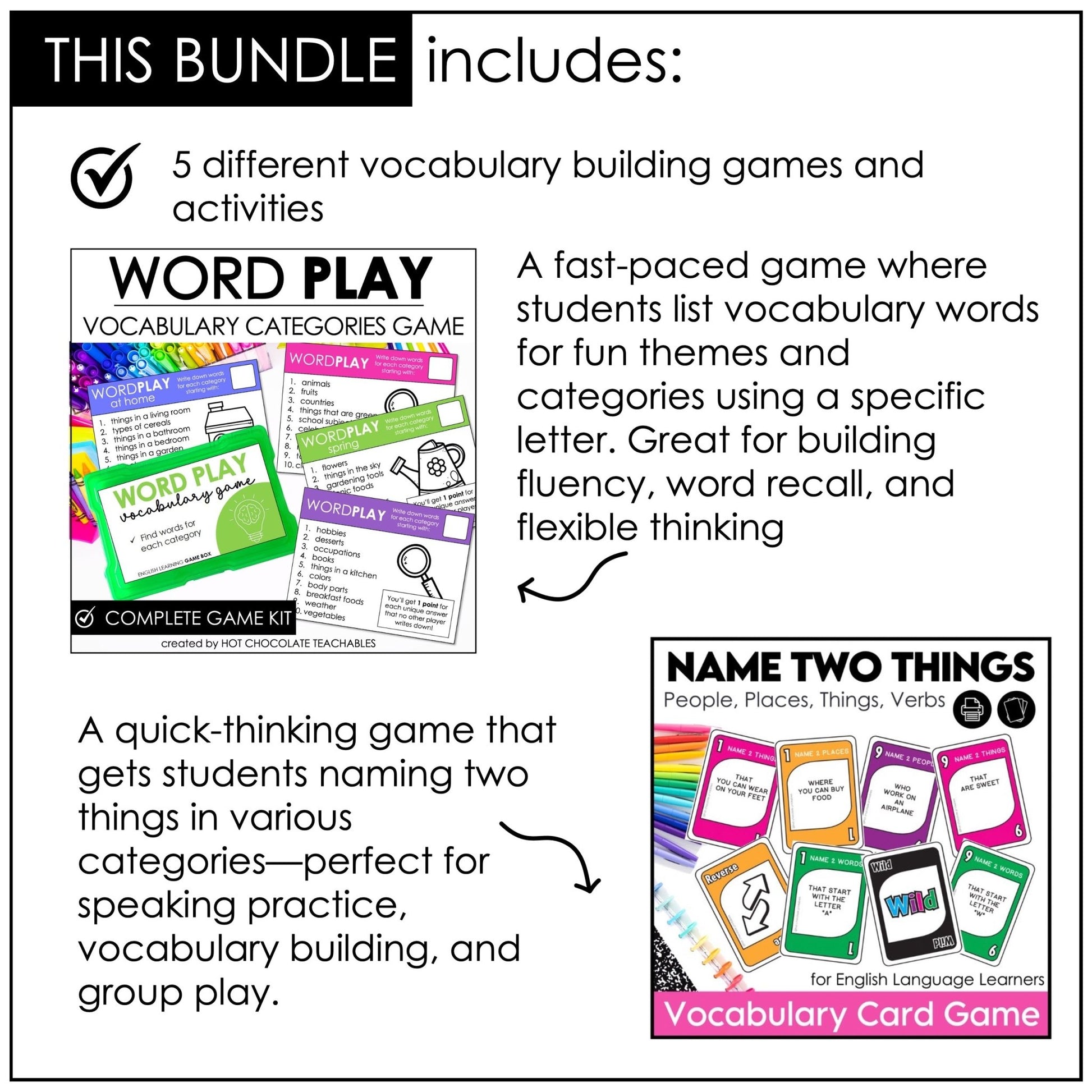 ESL Vocabulary Building: Digital & Print Games Bundle for Kids - Hot Chocolate Teachables