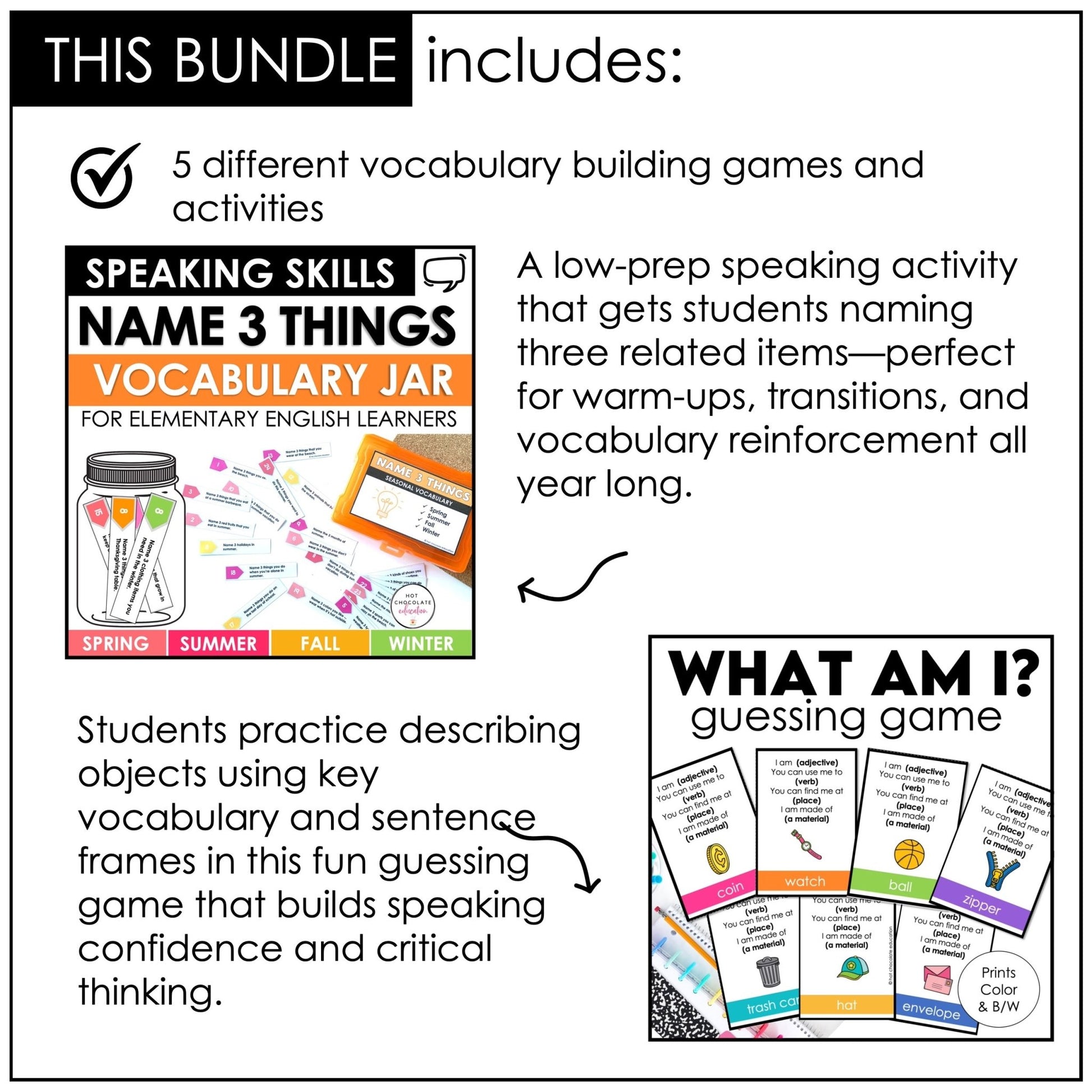 ESL Vocabulary Building: Digital & Print Games Bundle for Kids - Hot Chocolate Teachables