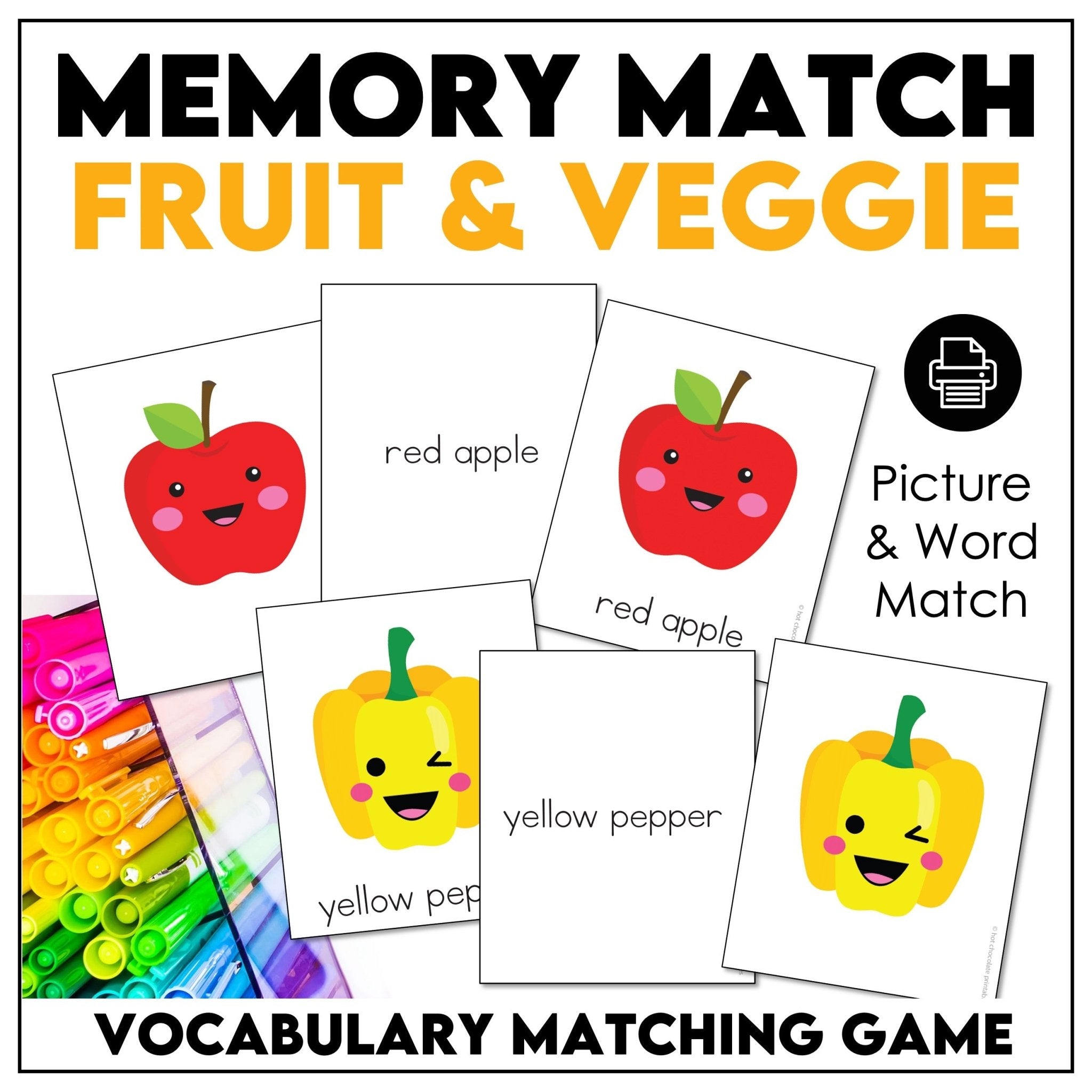 Fruit & Vegetable Vocabulary Matching Game – ESL Printable Activity - Hot Chocolate Teachables