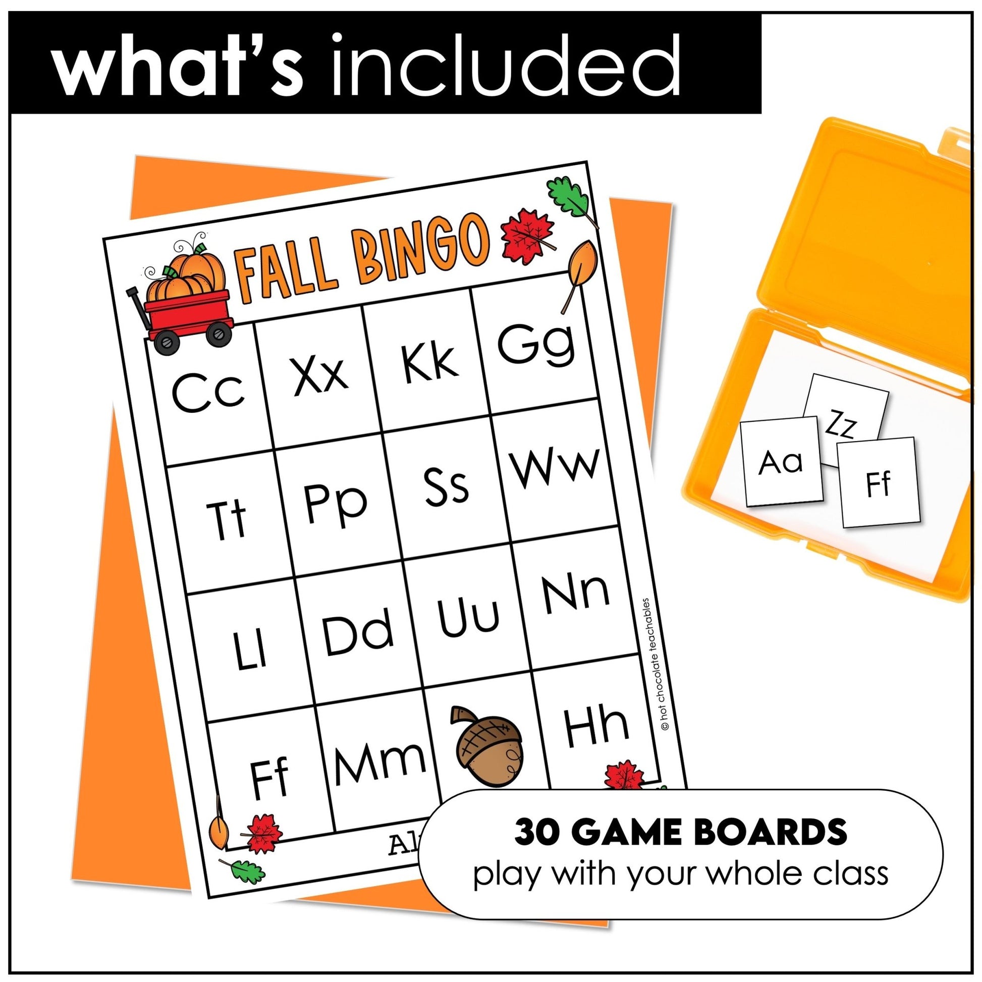 Fall Alphabet Bingo Game – Uppercase & Lowercase Letter Recognition (Autumn Theme) - Hot Chocolate Teachables