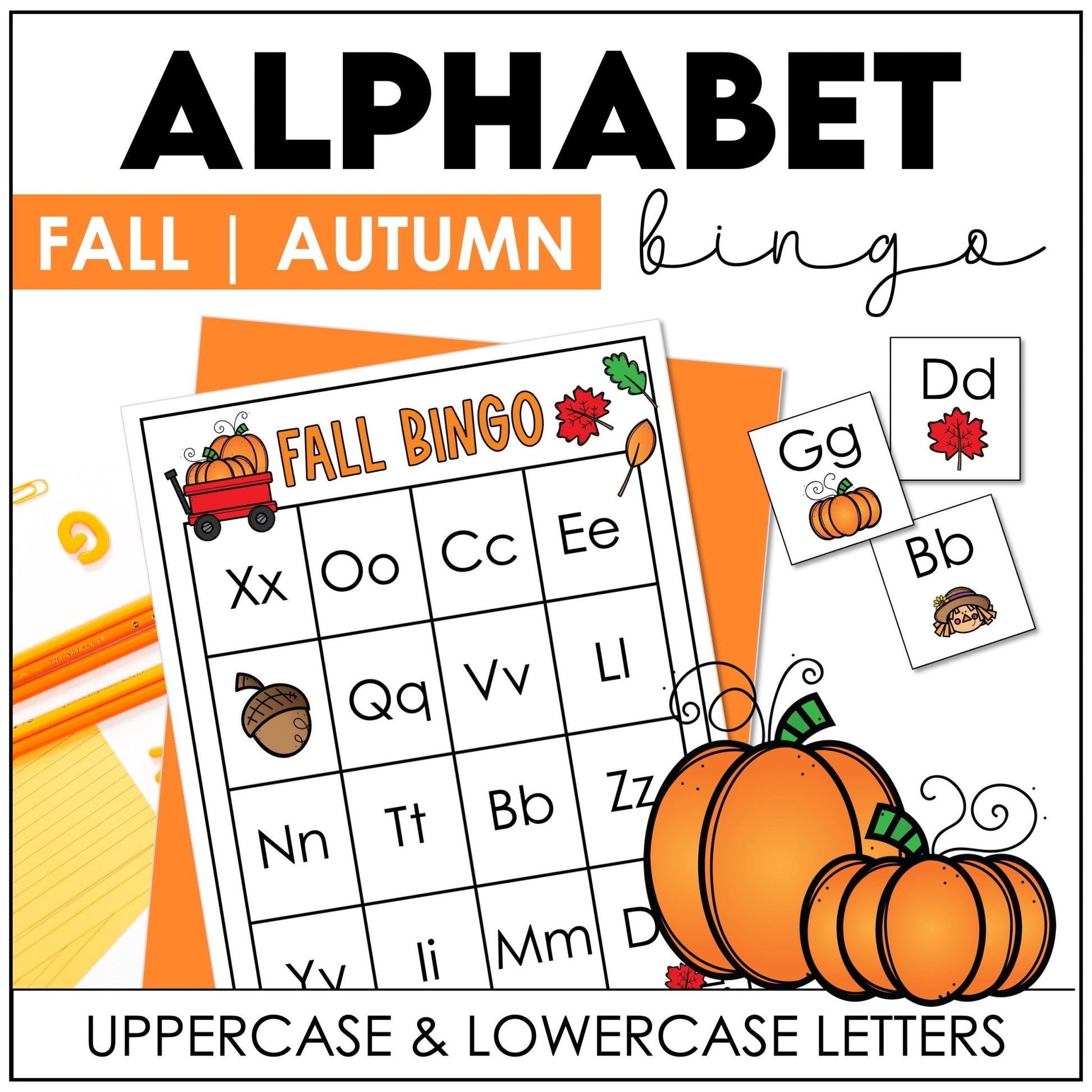 Fall Alphabet Bingo Game – Uppercase & Lowercase Letter Recognition (Autumn Theme) - Hot Chocolate Teachables