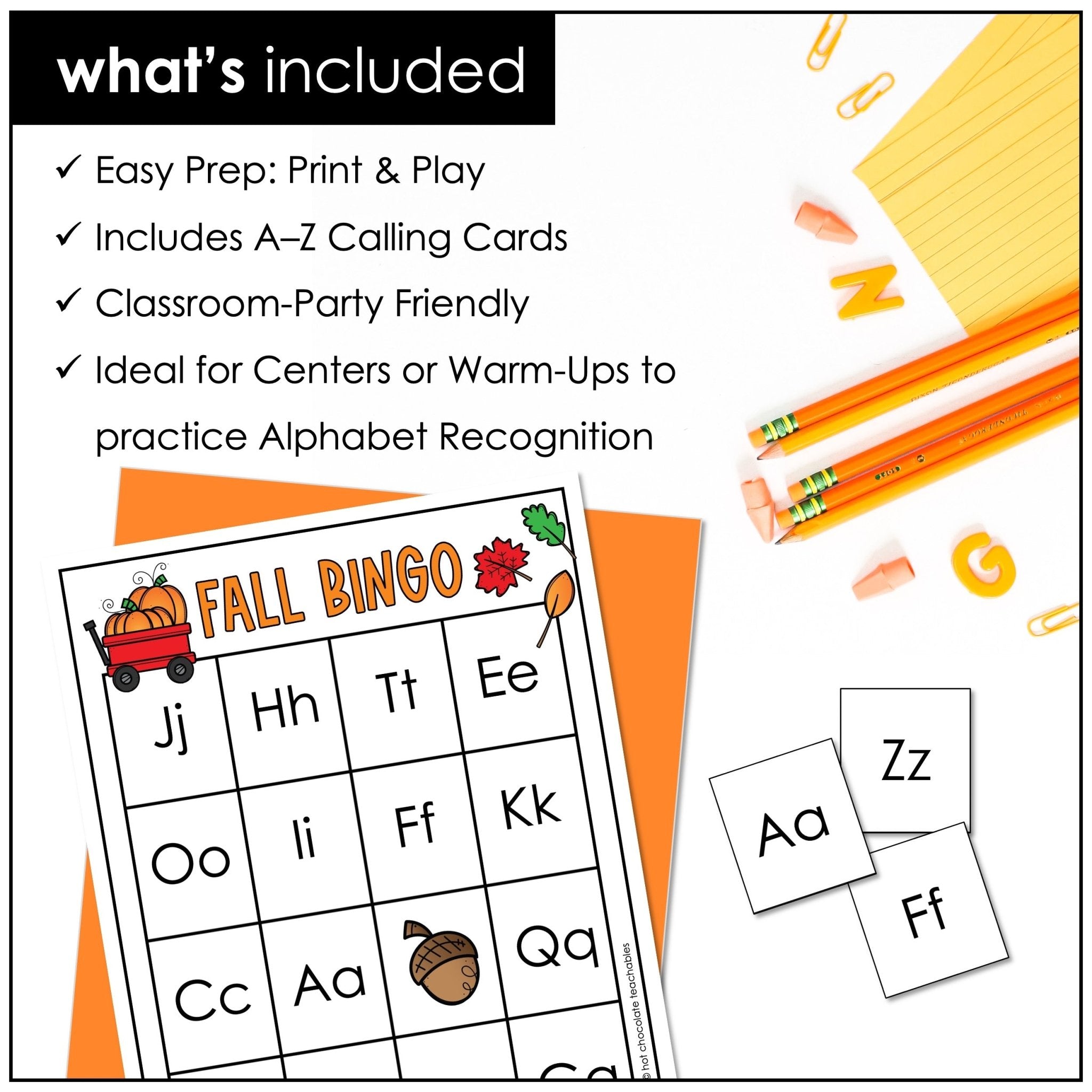 Fall Alphabet Bingo Game – Uppercase & Lowercase Letter Recognition (Autumn Theme) - Hot Chocolate Teachables