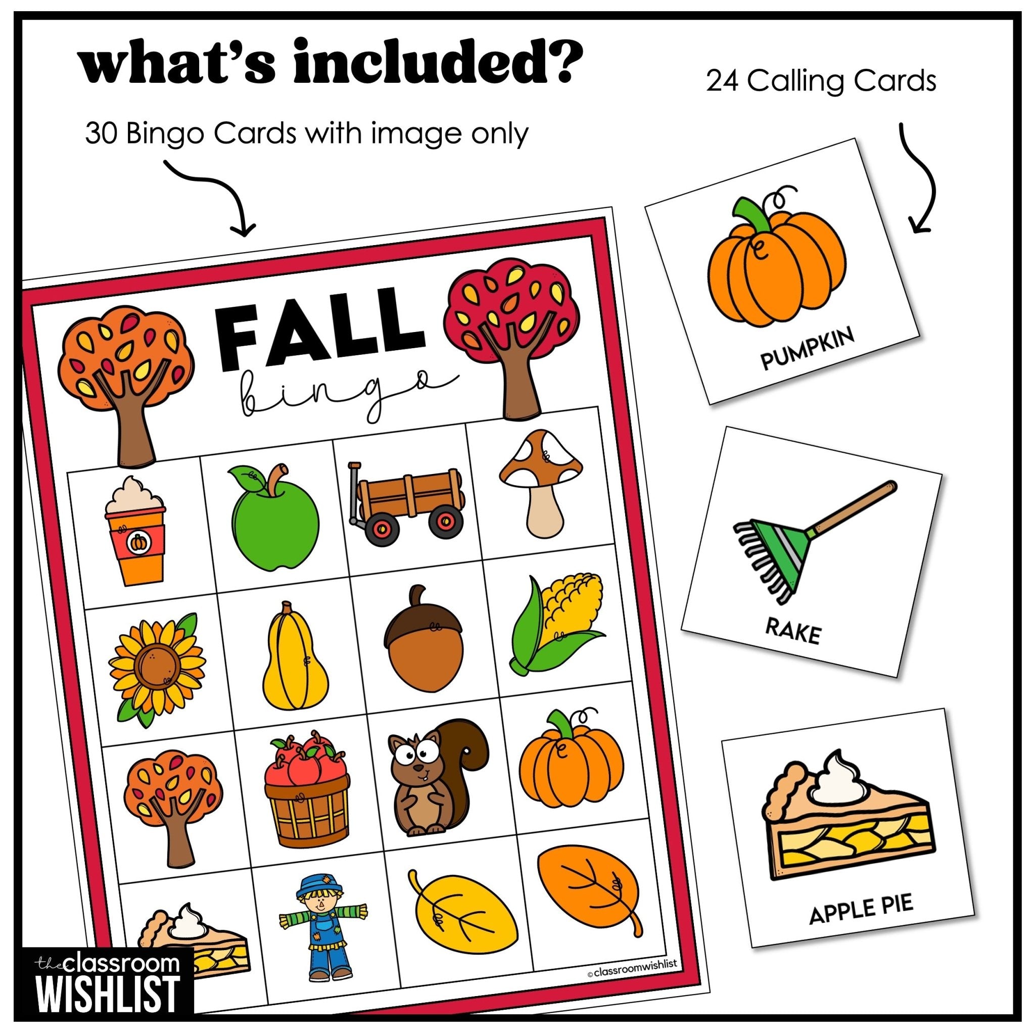 Fall Bingo Game – 3 Complete Sets with Autumn Words & Pictures for ESL/ELL - Hot Chocolate Teachables