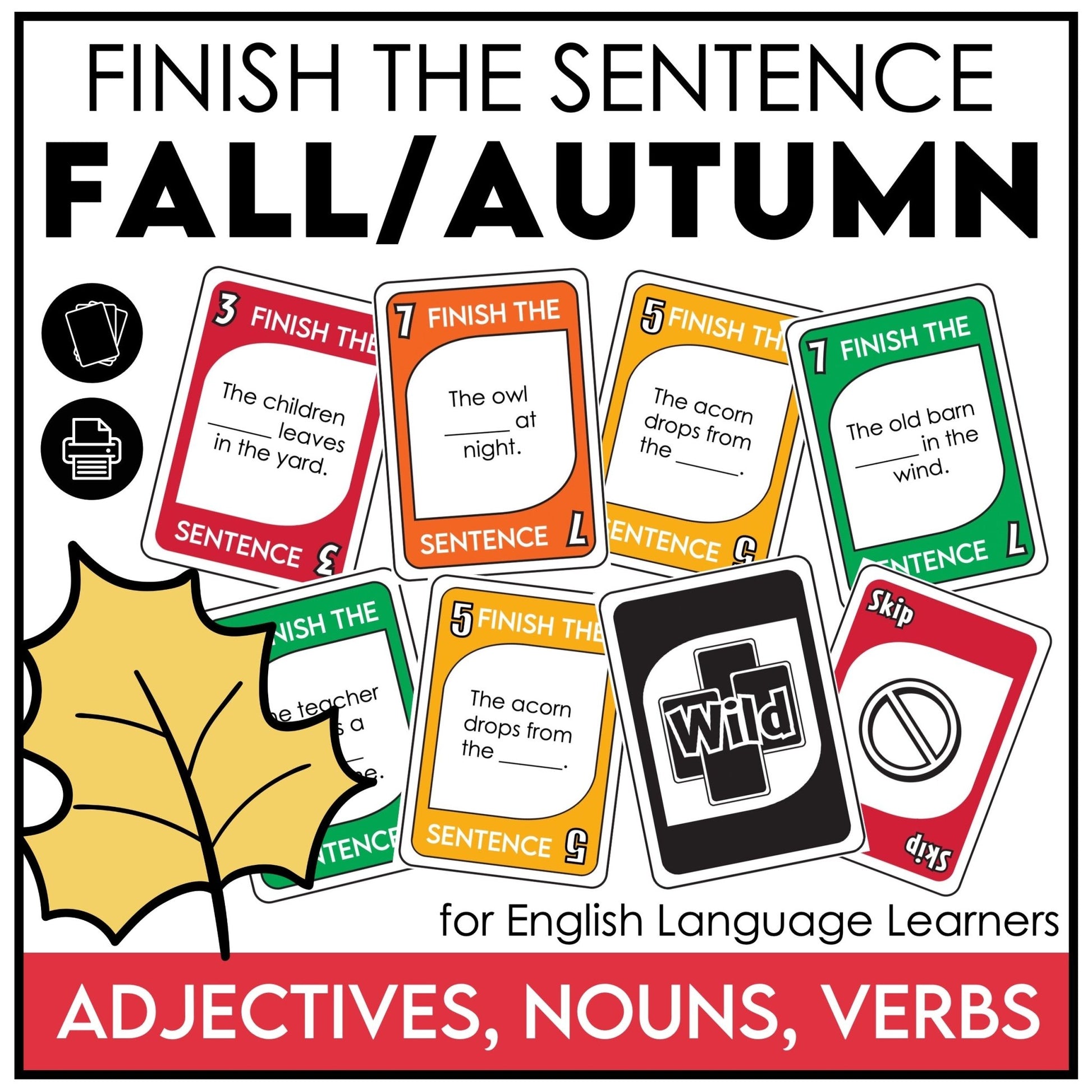 Fall Card Game – Autumn Finish the Sentence with Adjectives, Nouns & Verbs - Hot Chocolate Teachables