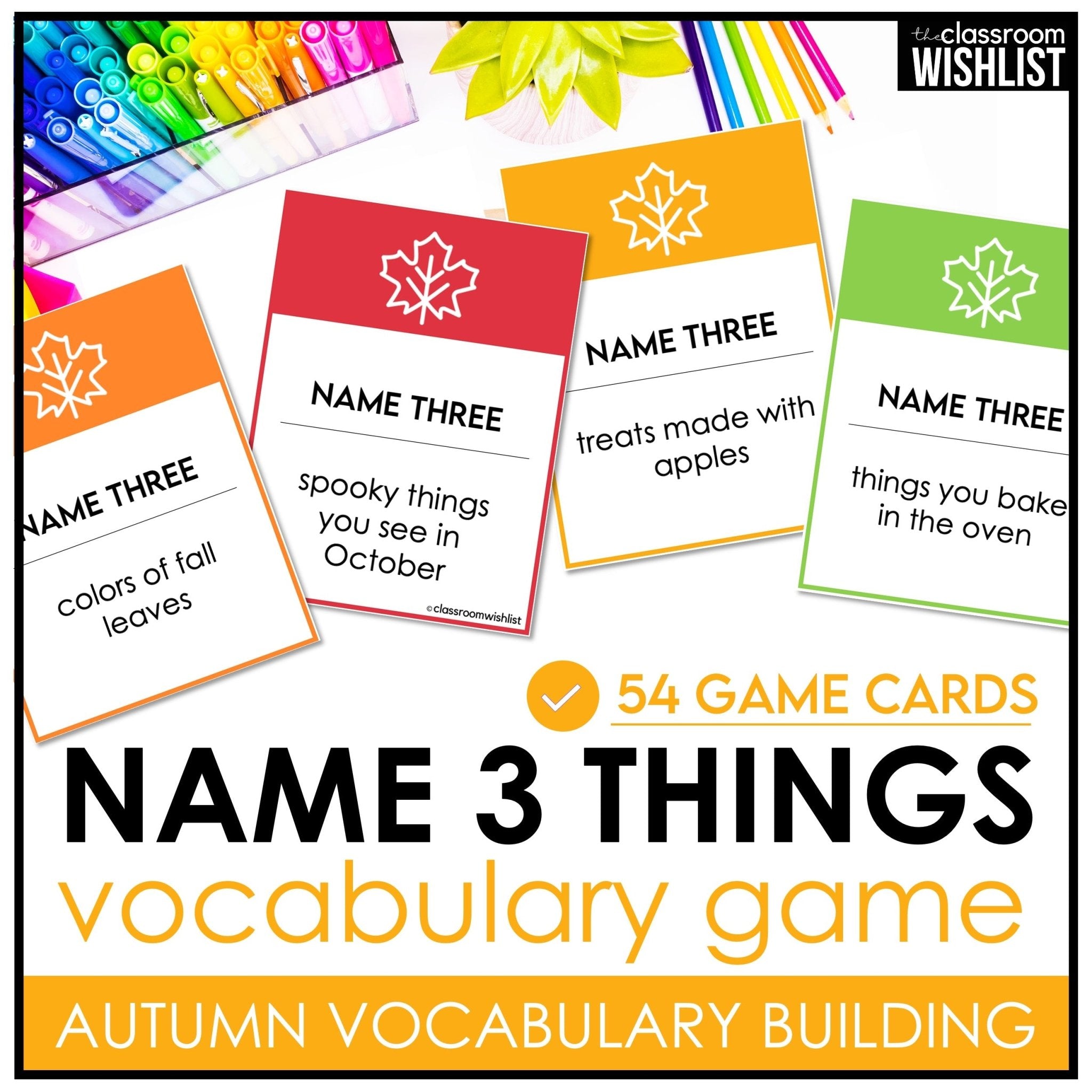 Fall Vocabulary Card Game for ESL | Name 3 Things | Autumn Speaking & Brainstorming - Hot Chocolate Teachables