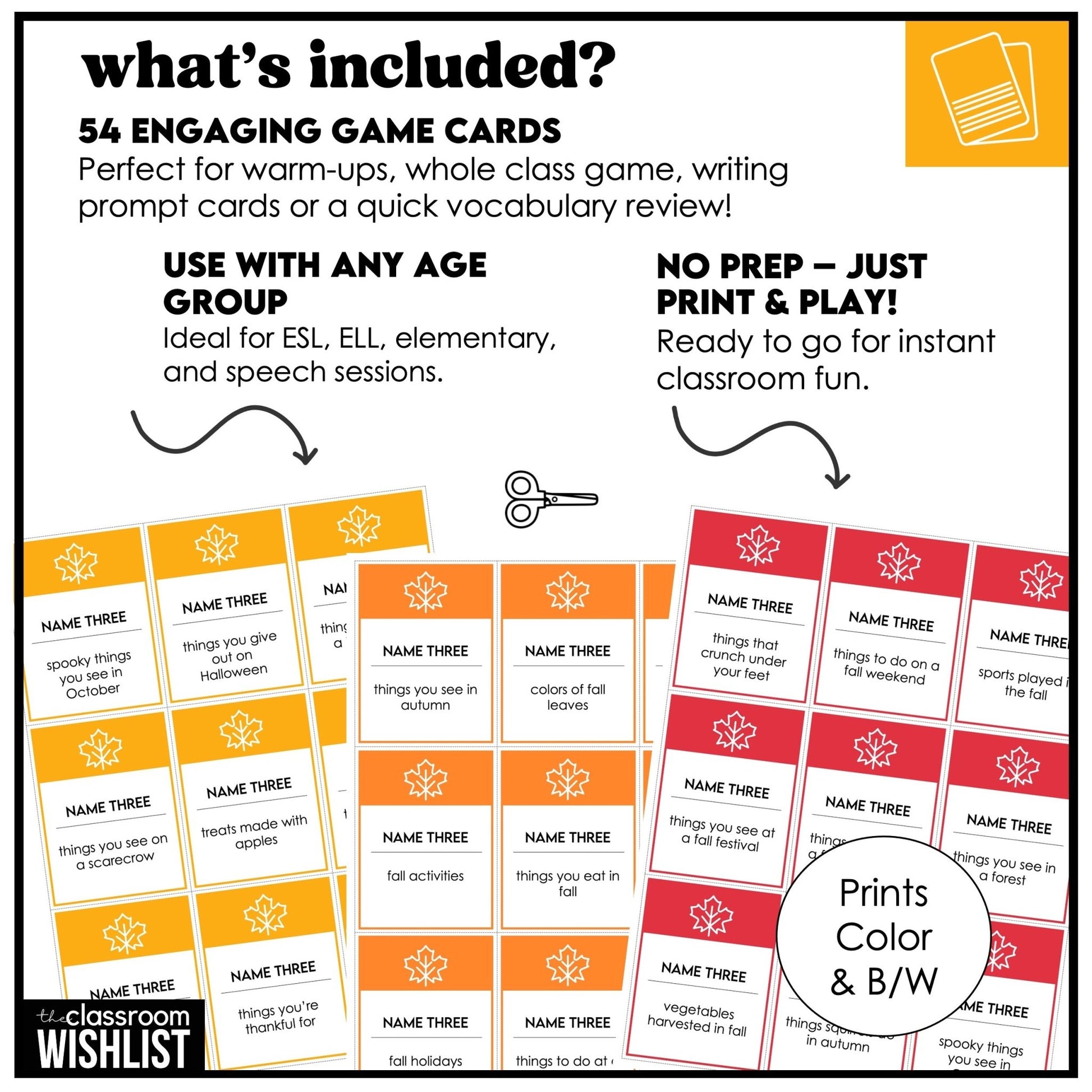 Fall Vocabulary Card Game for ESL | Name 3 Things | Autumn Speaking & Brainstorming - Hot Chocolate Teachables