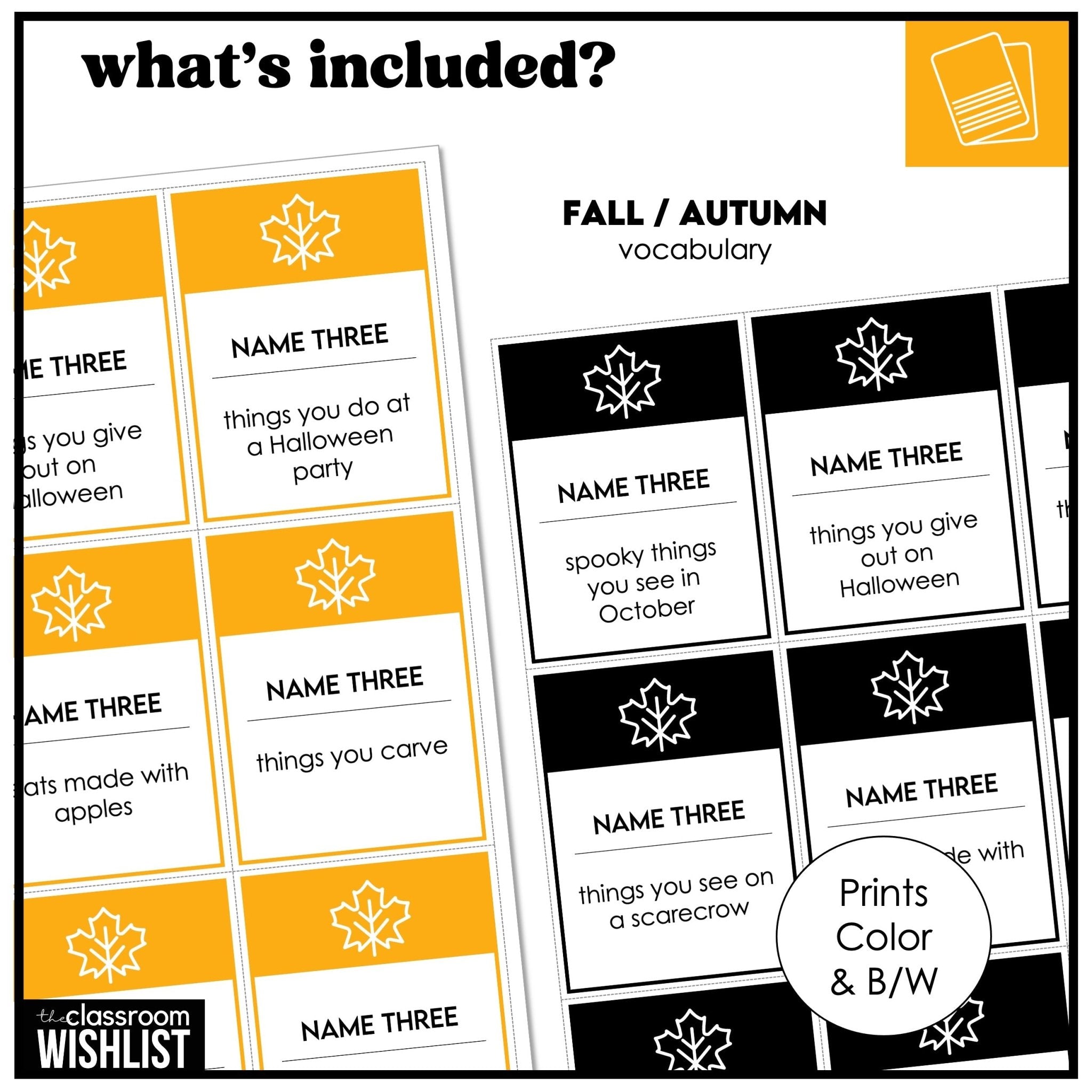 Fall Vocabulary Card Game for ESL | Name 3 Things | Autumn Speaking & Brainstorming - Hot Chocolate Teachables