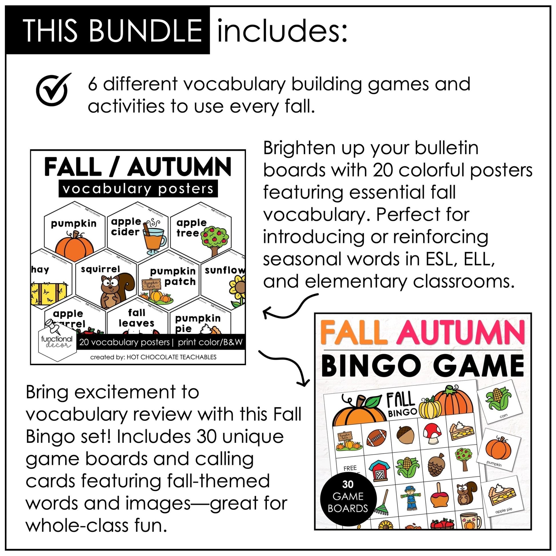 Fall Vocabulary Games Bundle – ESL, ELL & Elementary Autumn Activities - Hot Chocolate Teachables