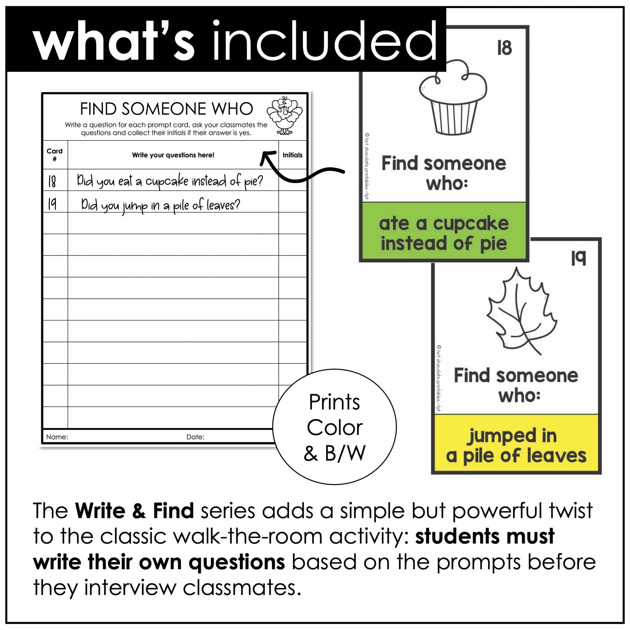 Find Someone Who - After Thanksgiving Break - Past Tense Question Formation - Hot Chocolate Teachables