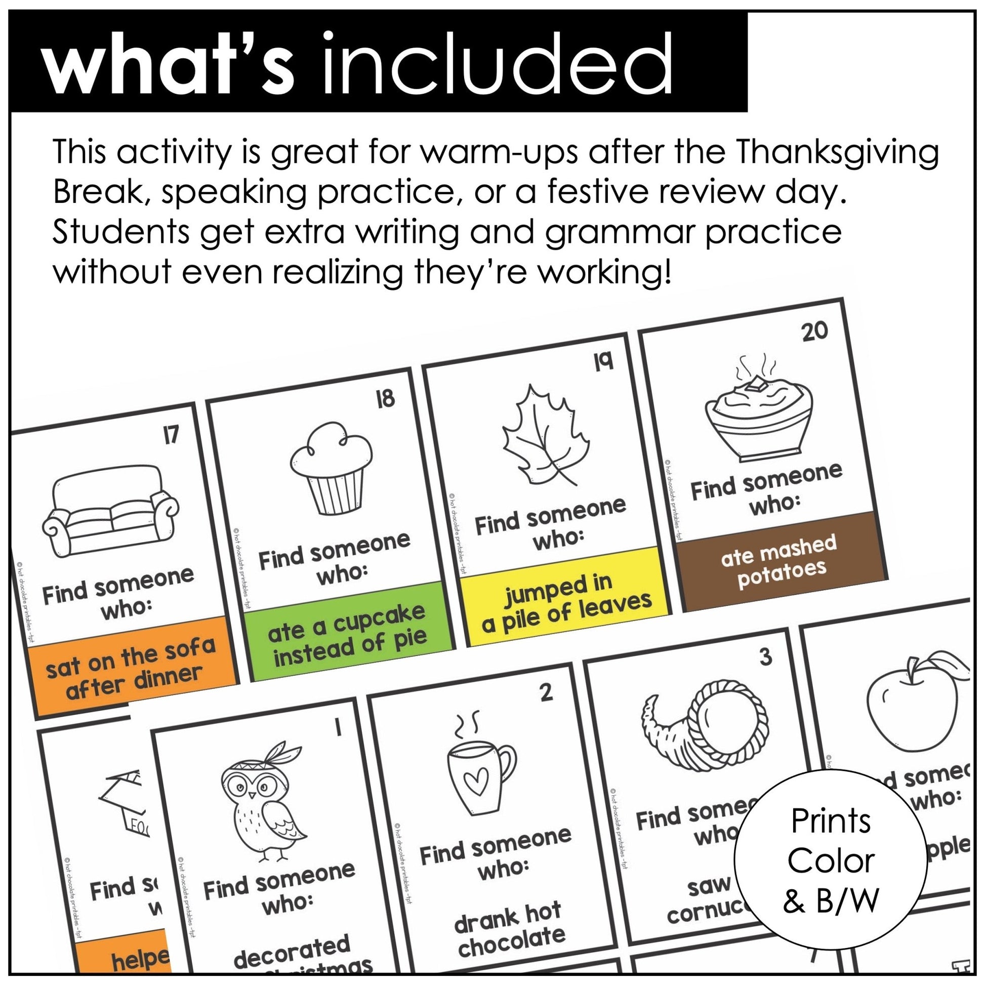 Find Someone Who - After Thanksgiving Break - Past Tense Question Formation - Hot Chocolate Teachables