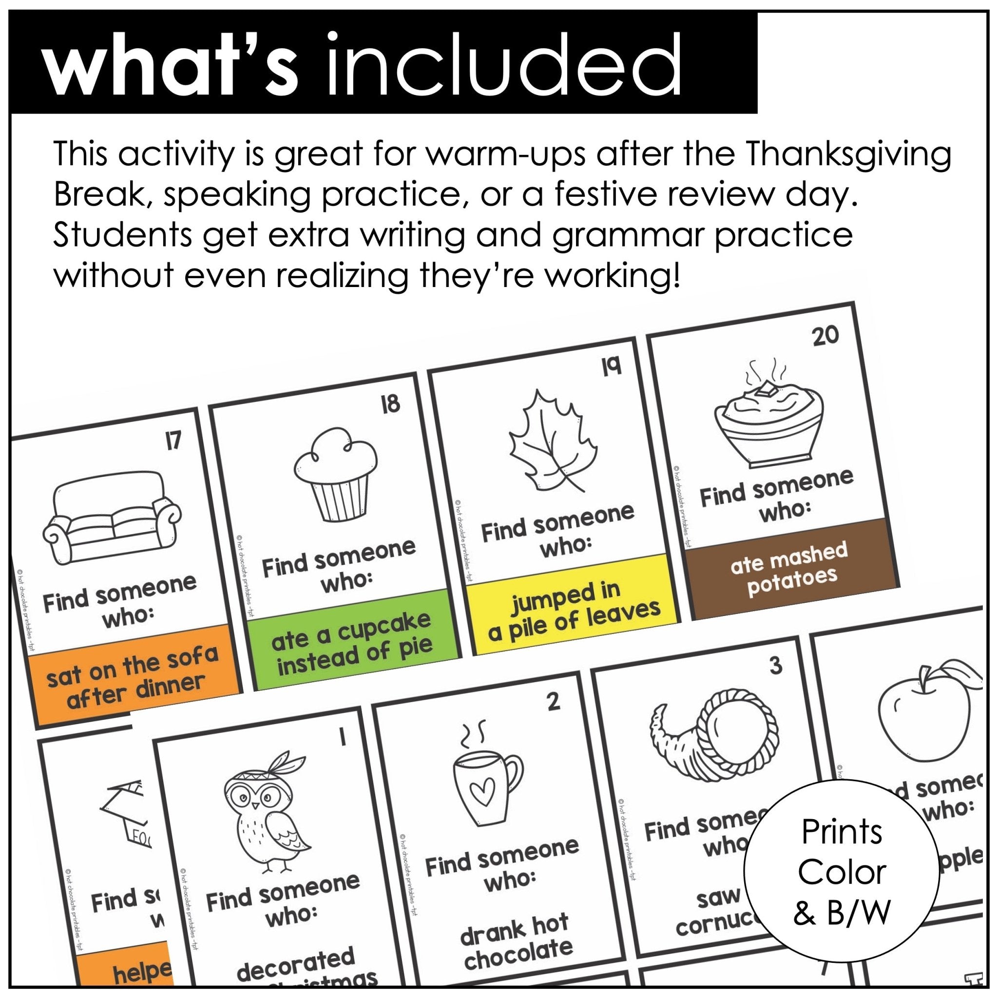 Find Someone Who - After Thanksgiving Break - Past Tense Question Formation - Hot Chocolate Teachables