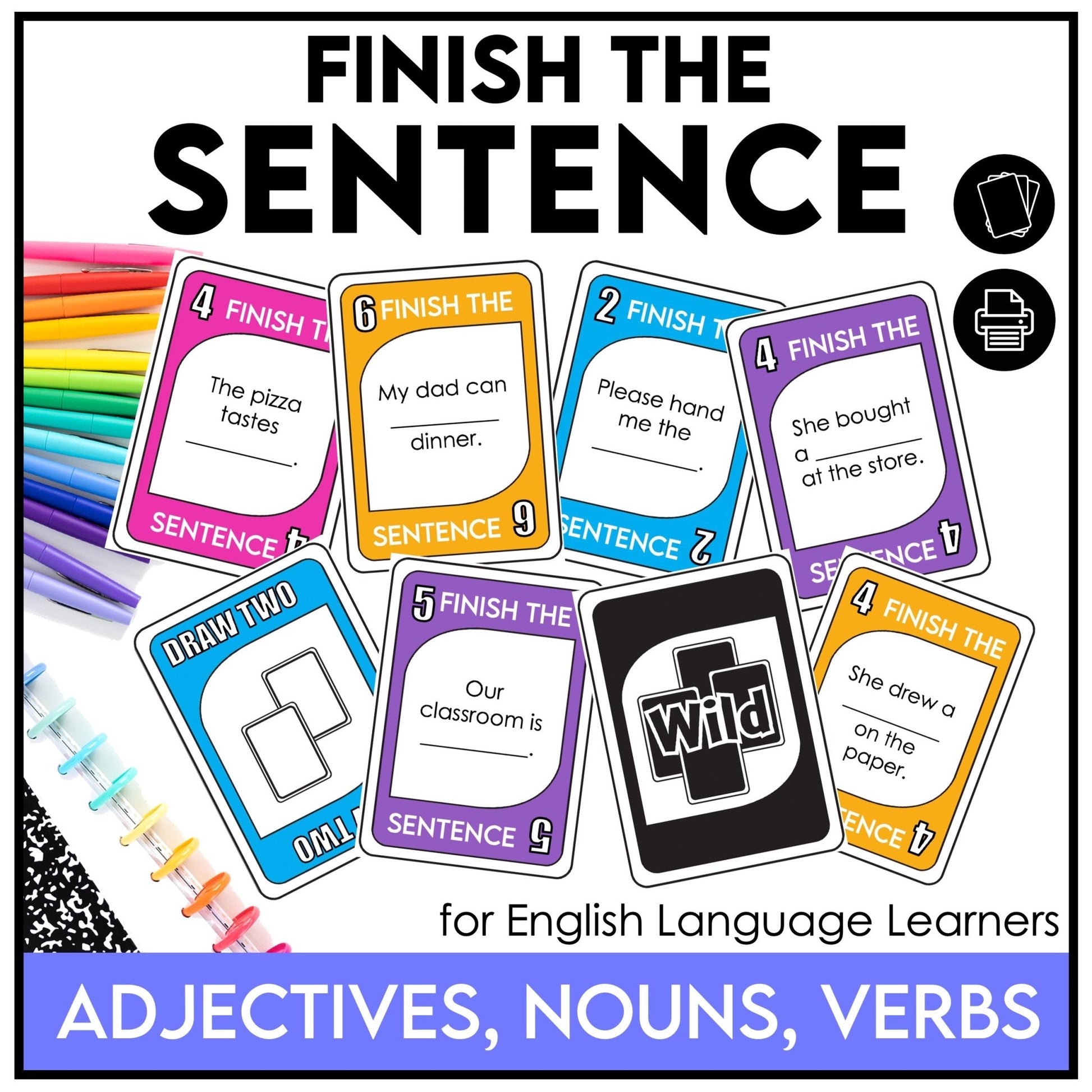 Finish the Sentence Card Game – ESL Vocabulary Building with Adjectives, Nouns & Verbs - Hot Chocolate Teachables