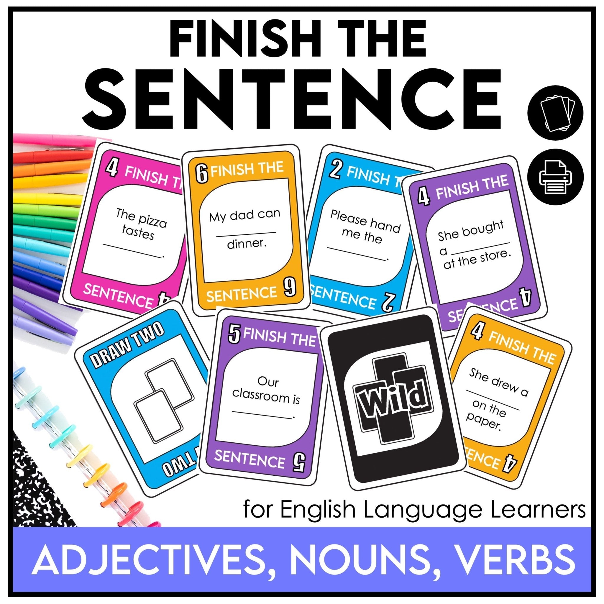 Finish the Sentence Card Game – ESL Vocabulary Building with Adjectives, Nouns & Verbs - Hot Chocolate Teachables