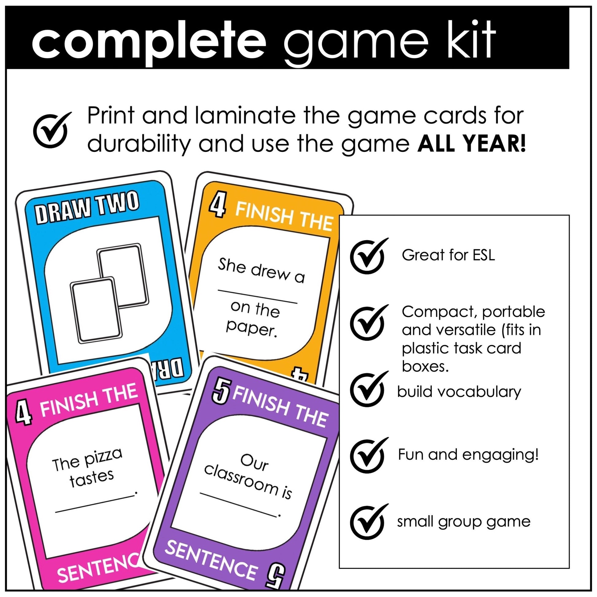 Finish the Sentence Card Game – ESL Vocabulary Building with Adjectives, Nouns & Verbs - Hot Chocolate Teachables
