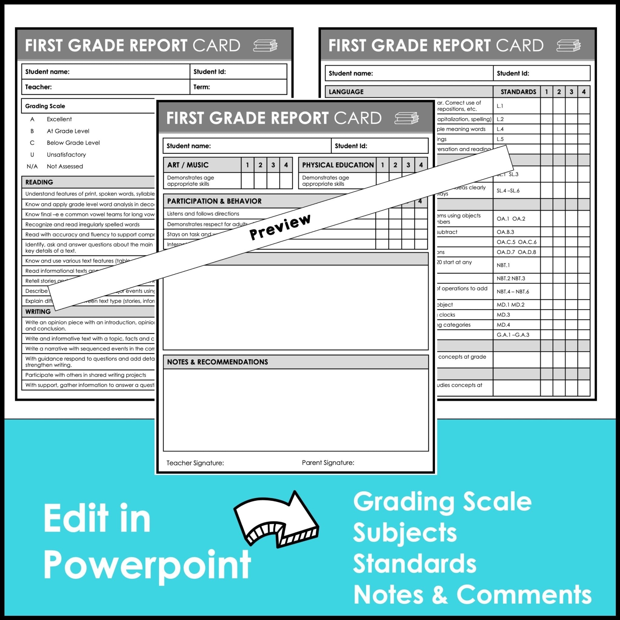 First Grade Editable Report Card Templates with Common Core Aligned Standards - Hot Chocolate Teachables