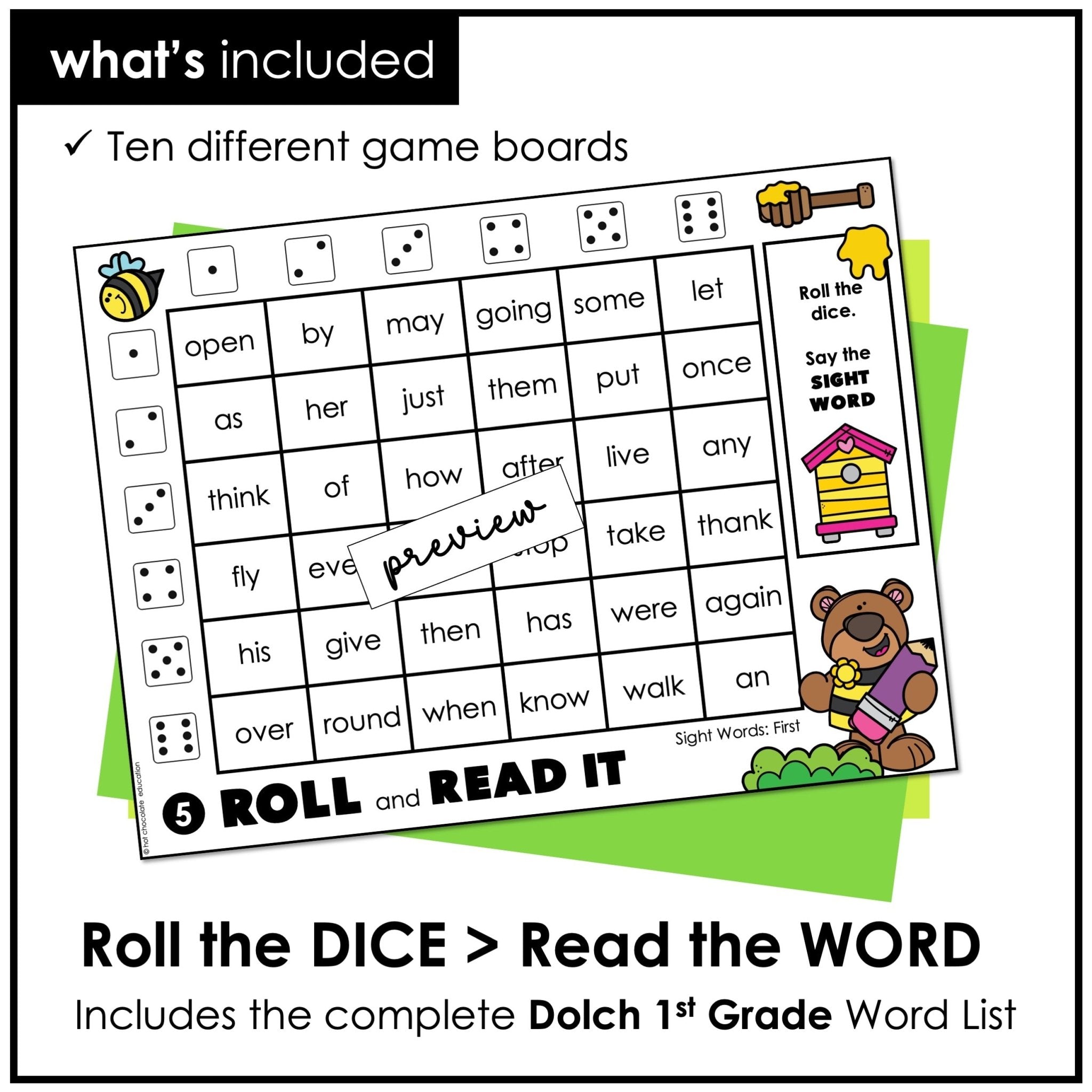 First Grade Sight Words Dice Game - Dolch Sight Word Reading Center Activity - Hot Chocolate Teachables