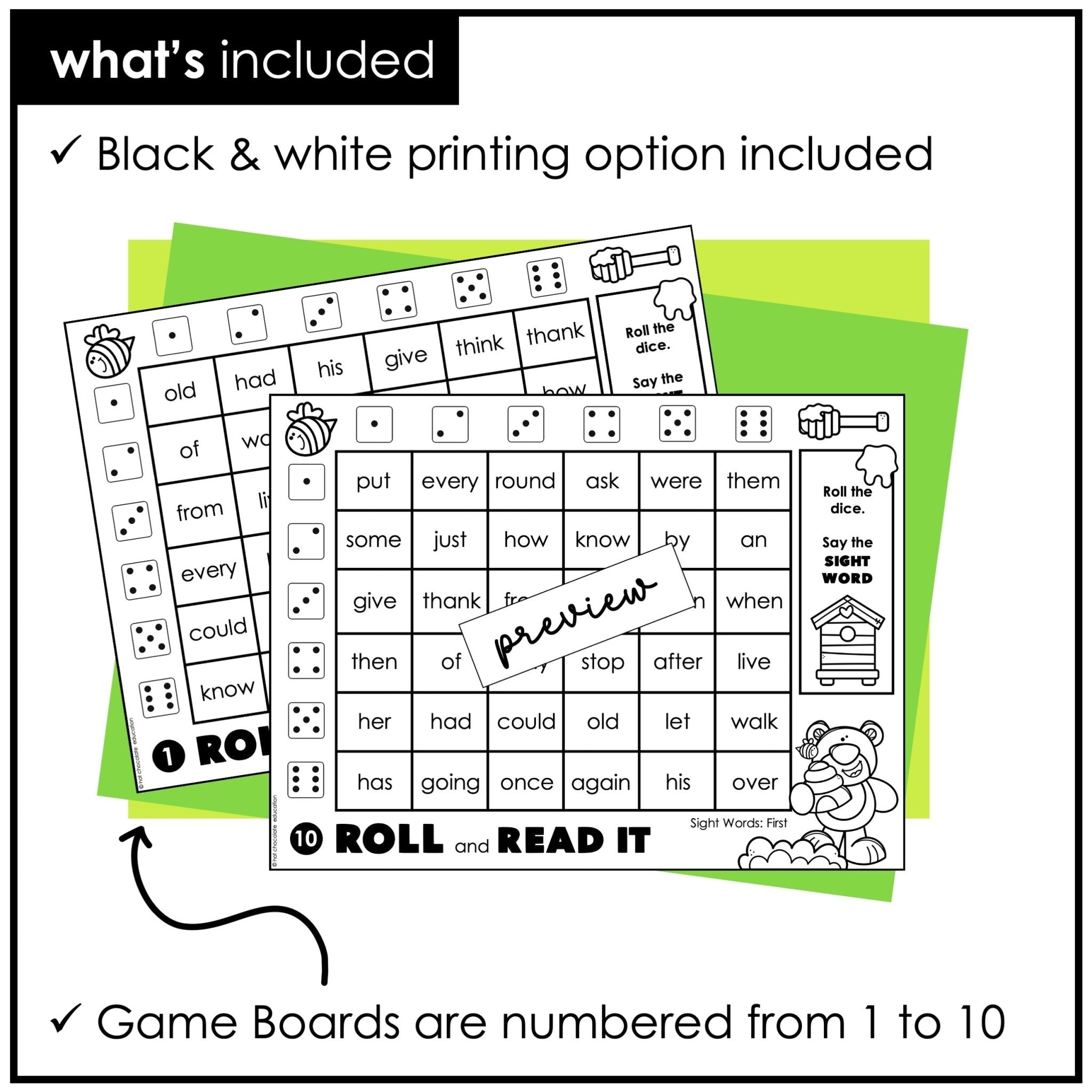 First Grade Sight Words Dice Game - Dolch Sight Word Reading Center Activity - Hot Chocolate Teachables