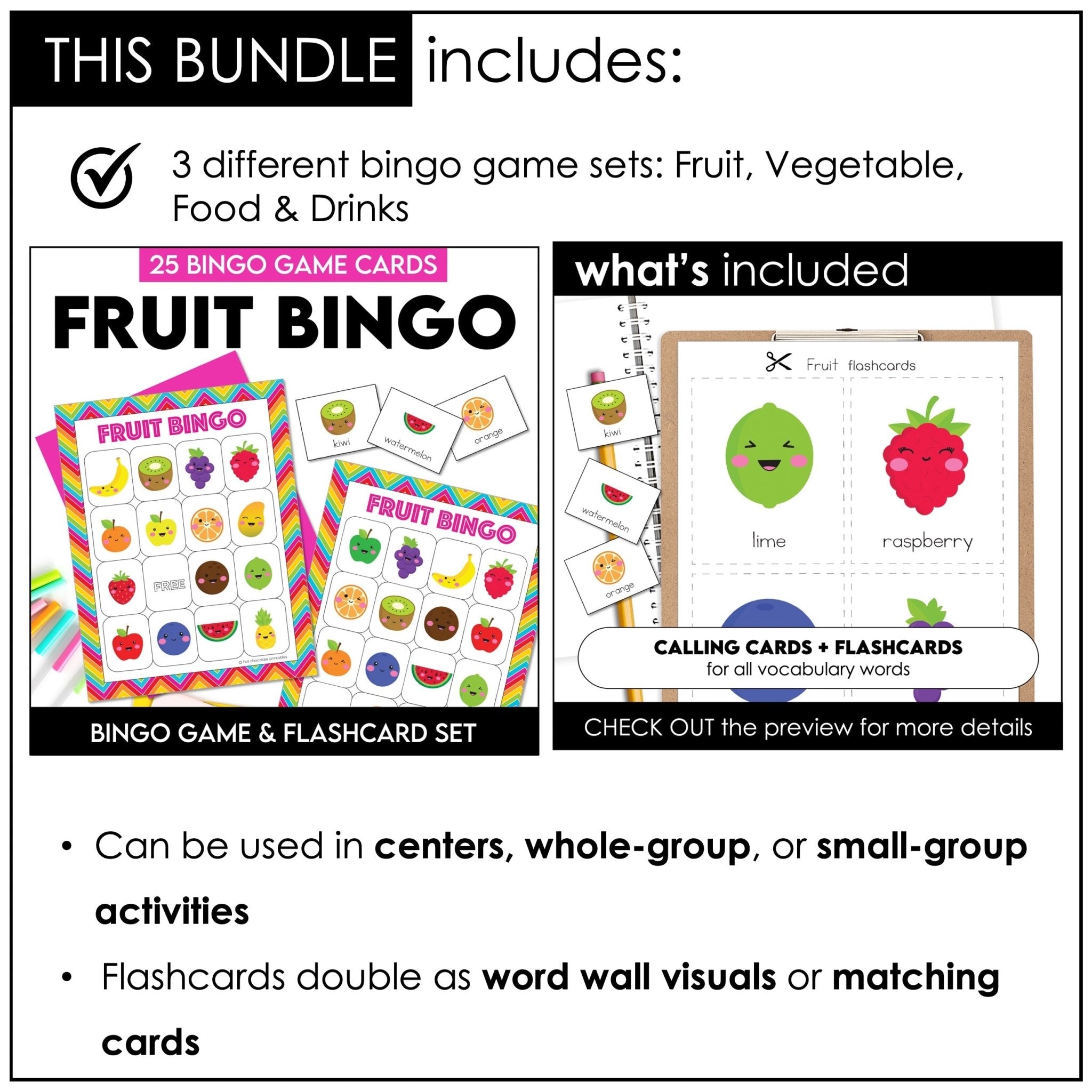 Food, Drink, Fruit and Vegetable Vocabulary Bingo & Flashcard Bundle - Hot Chocolate Teachables