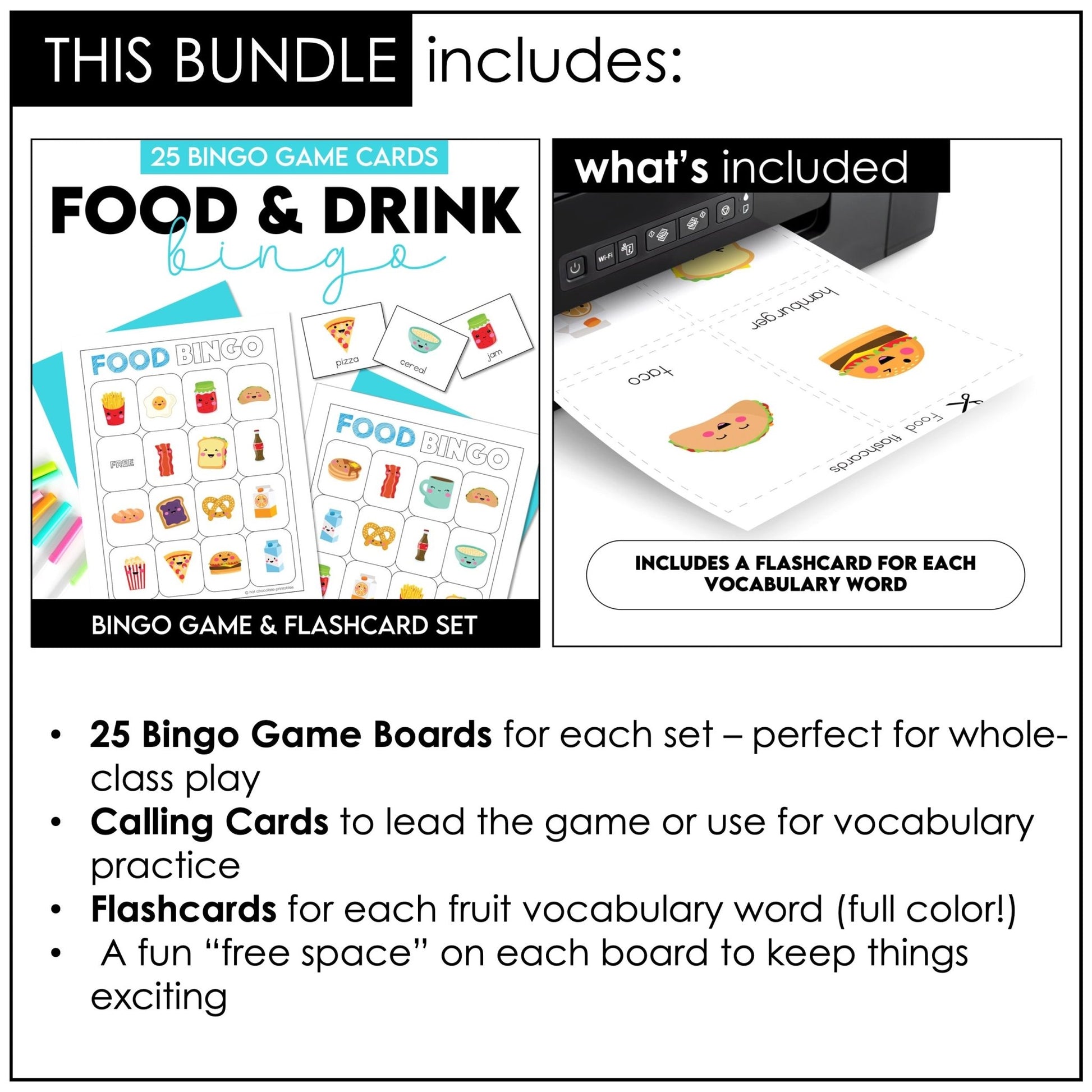 Food, Drink, Fruit and Vegetable Vocabulary Bingo & Flashcard Bundle - Hot Chocolate Teachables