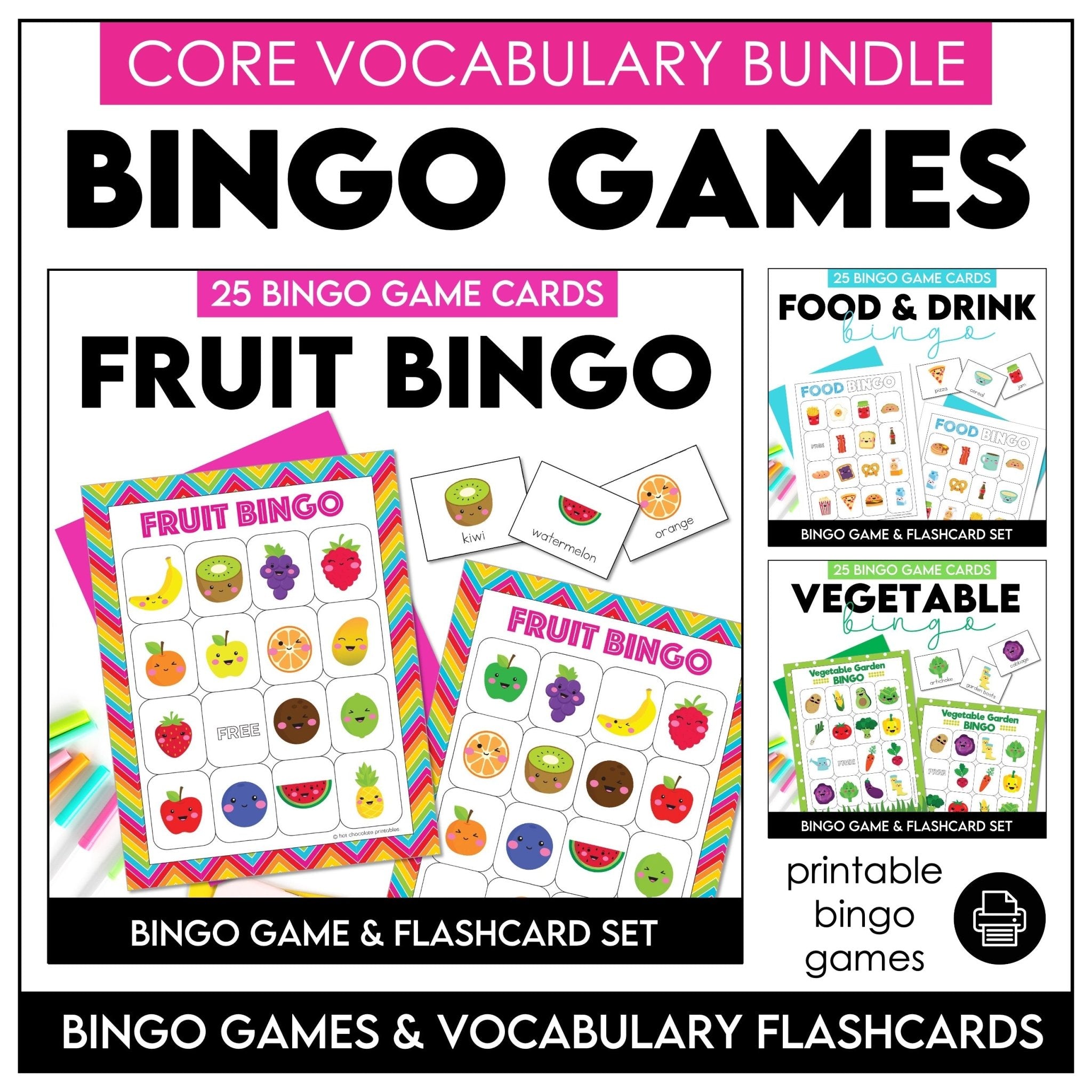 Food, Drink, Fruit and Vegetable Vocabulary Bingo & Flashcard Bundle - Hot Chocolate Teachables
