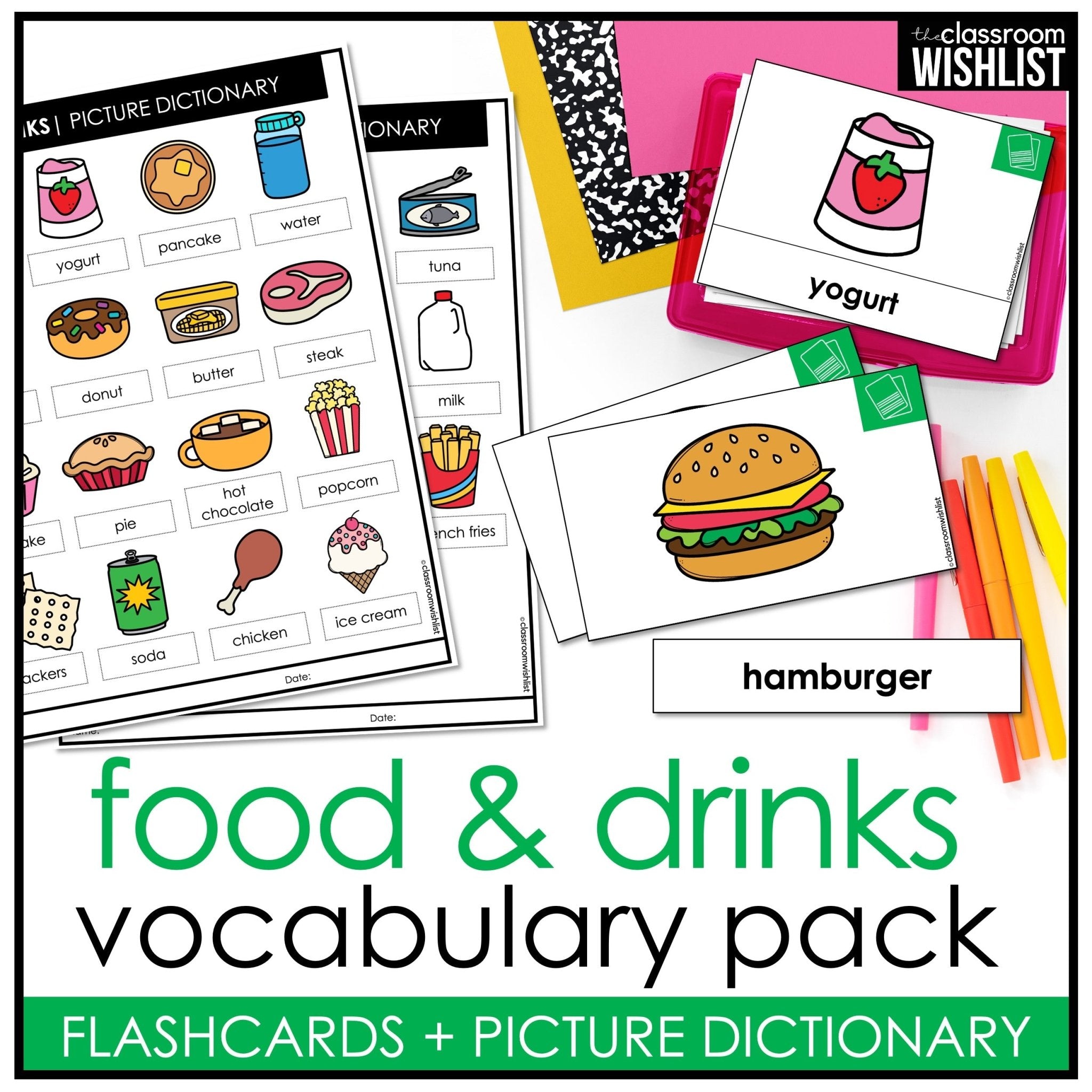 Food & Drinks Vocabulary Building ESL Flashcard Pack: Flash Cards & Dictionary - Hot Chocolate Teachables