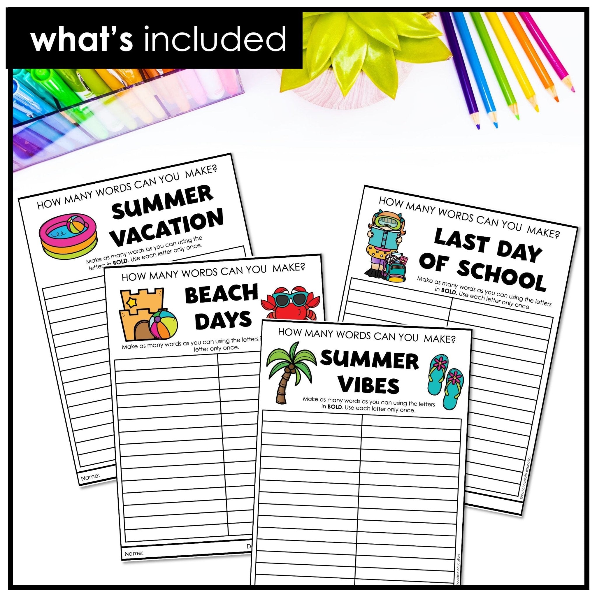 FREE LAST DAY OF SCHOOL & Summer Word Scrambles | How many words can you make? - Hot Chocolate Teachables