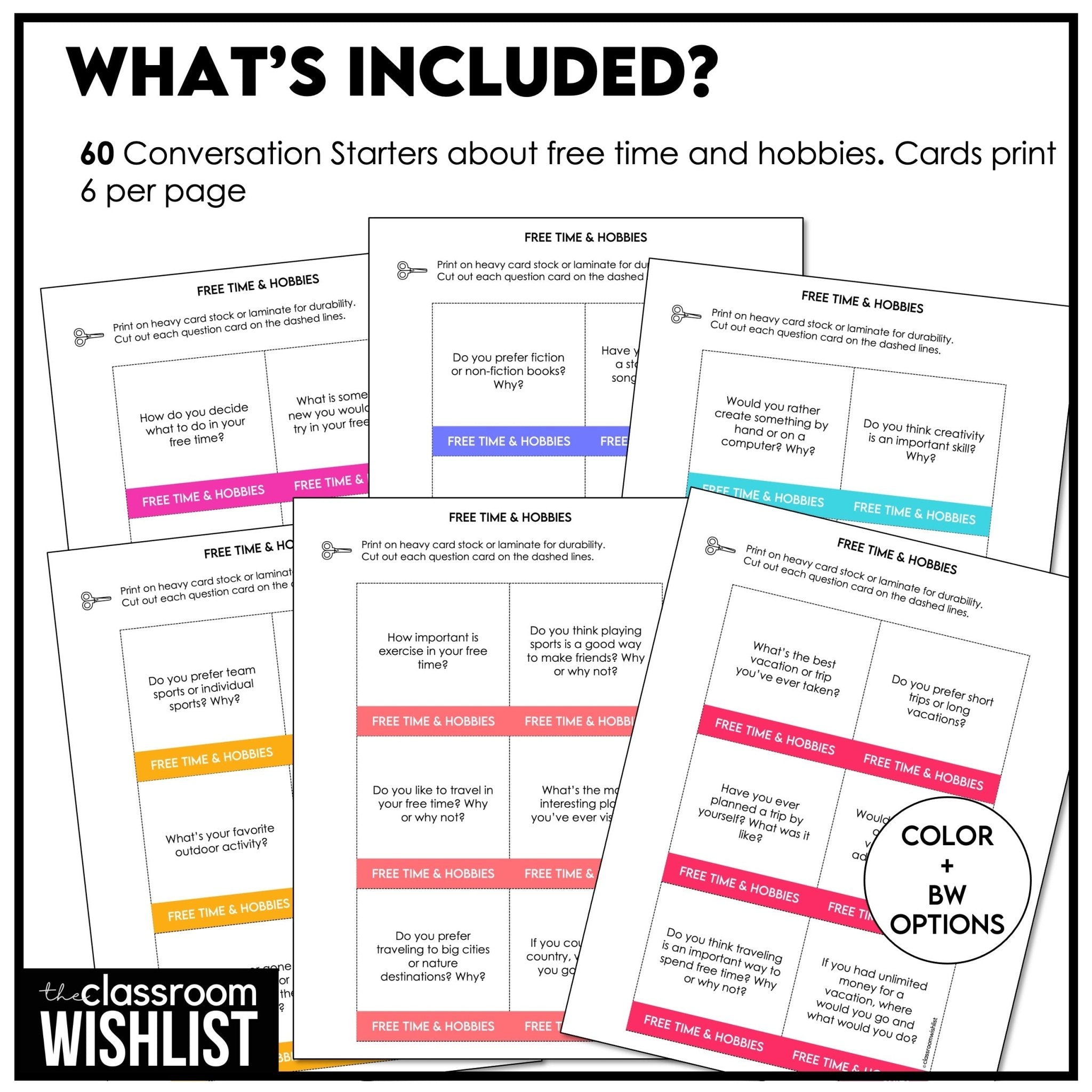 Free Time & Hobbies Conversation Starter Cards | 60 ESL Speaking Prompts - Hot Chocolate Teachables