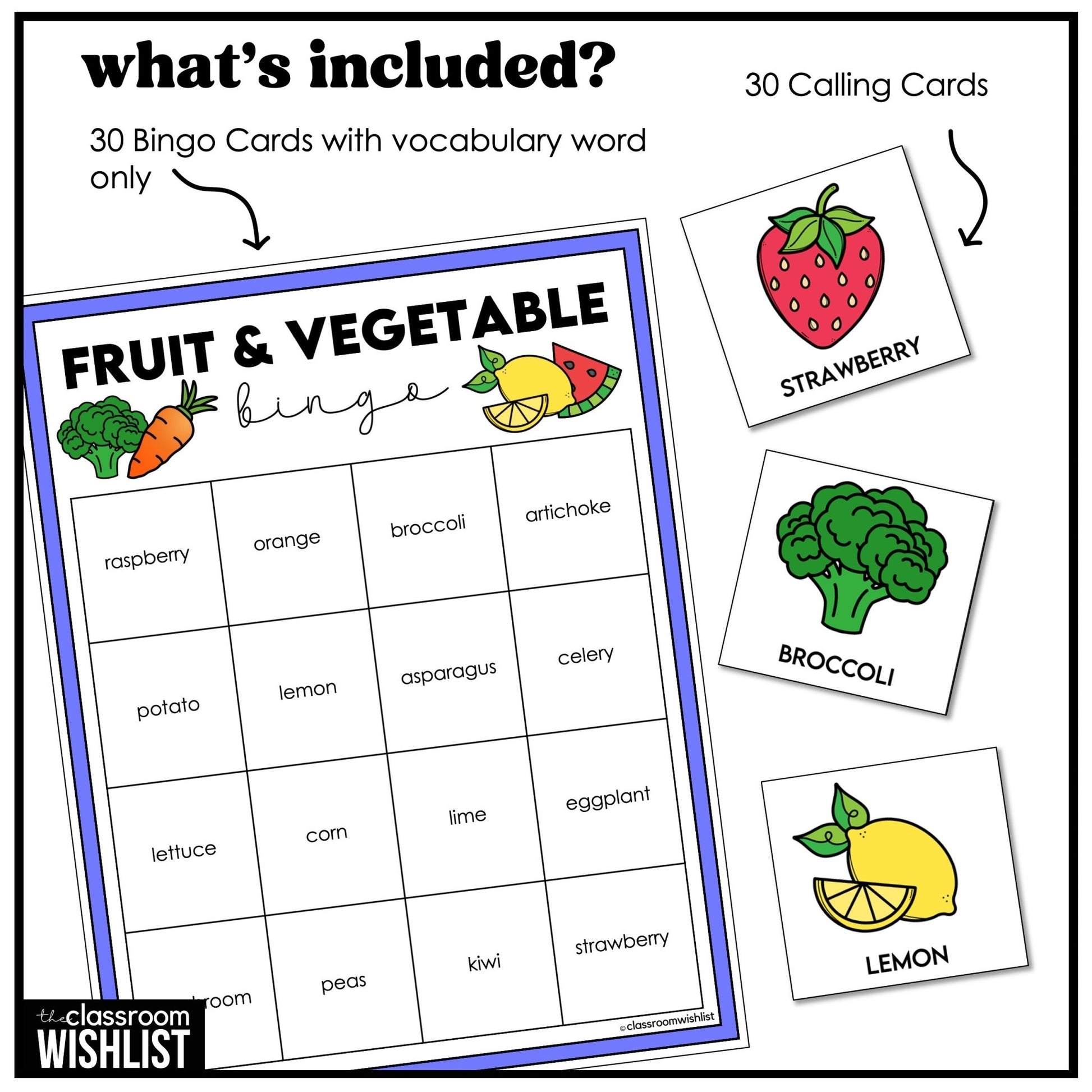 Fruit & Vegetable Bingo – Vocabulary Bingo Game Cards - Play 3 Ways - Hot Chocolate Teachables