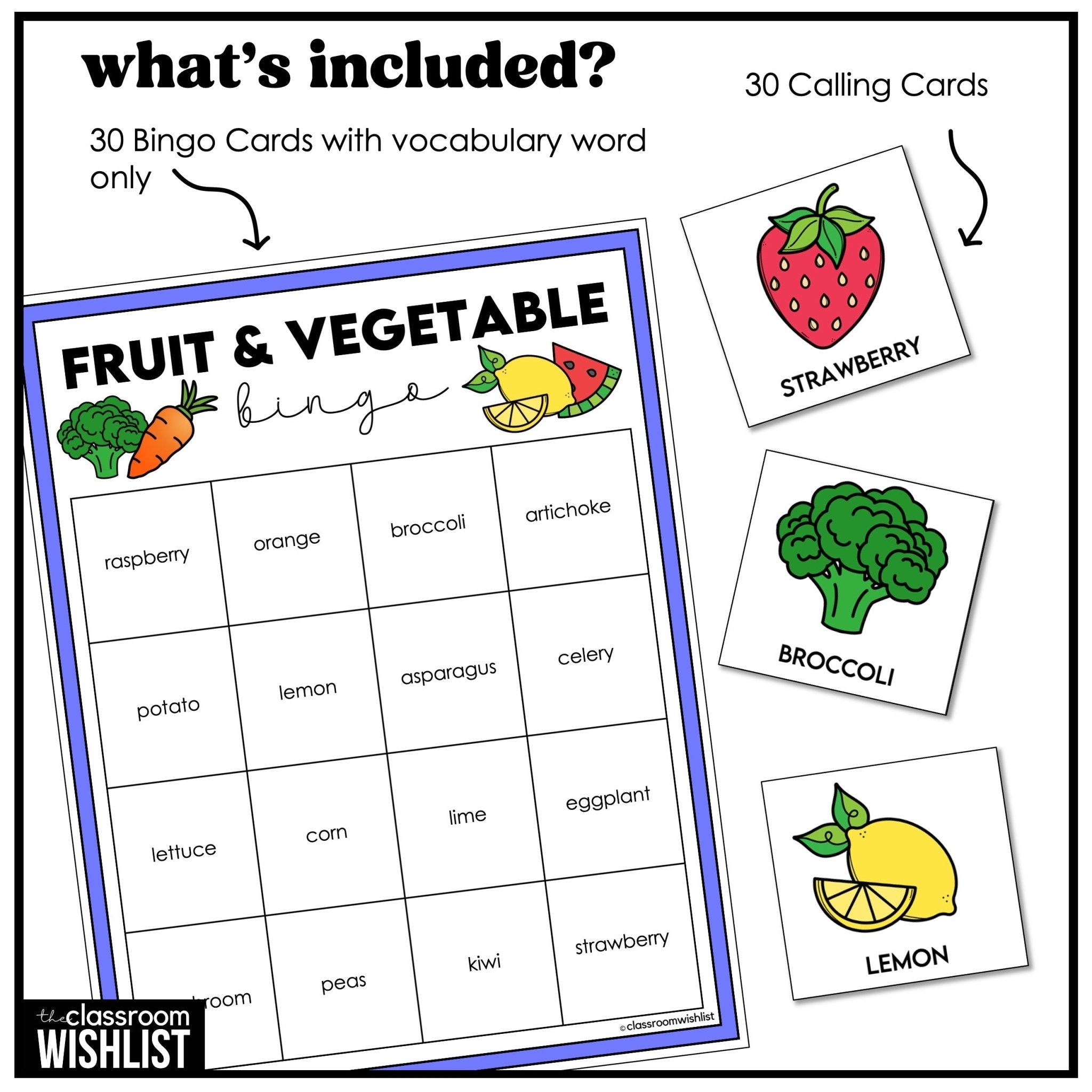 Fruit & Vegetable Bingo – Vocabulary Bingo Game Cards - Play 3 Ways - Hot Chocolate Teachables
