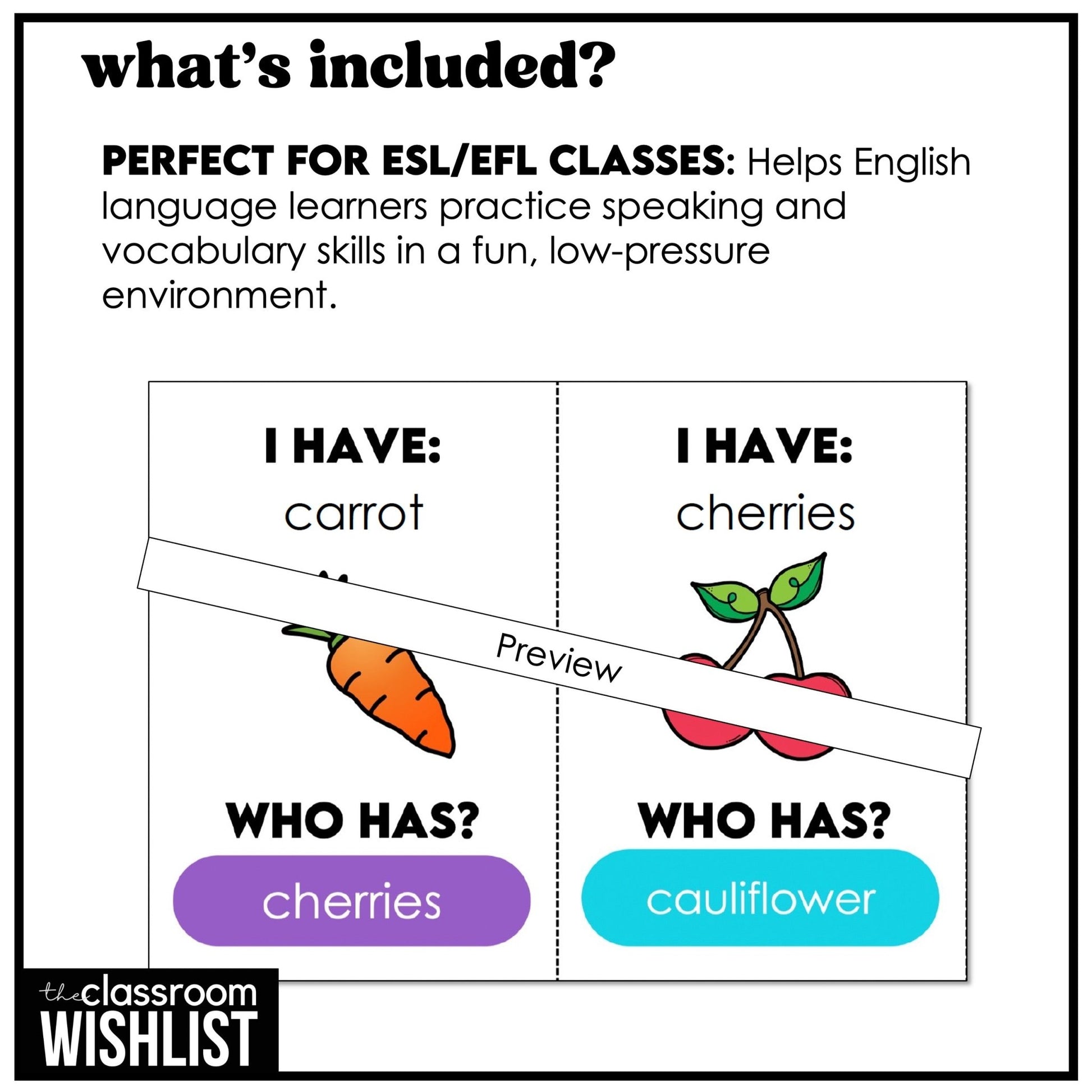 Fruit & Vegetable - I Have, Who Has? Card Game | Vocabulary Practice Activity - Hot Chocolate Teachables