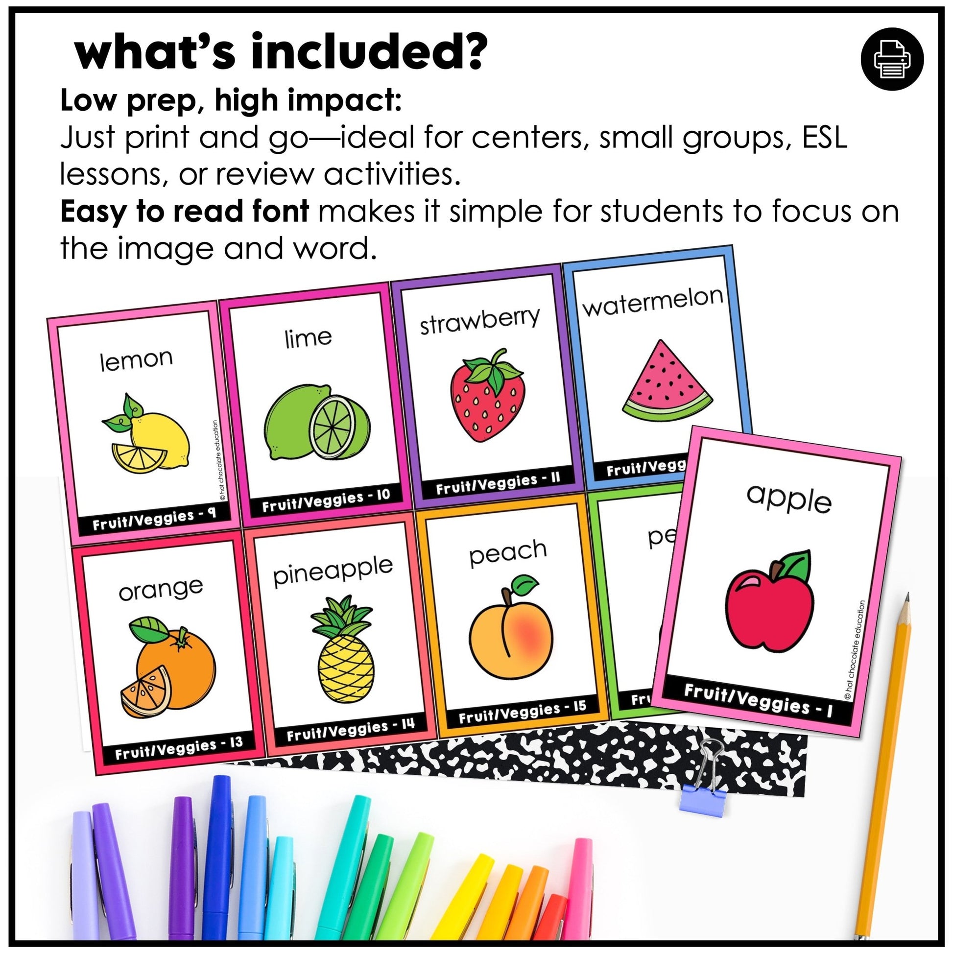 Fruit & Vegetable Vocabulary Flashcards | ESL Task Cards - Hot Chocolate Teachables