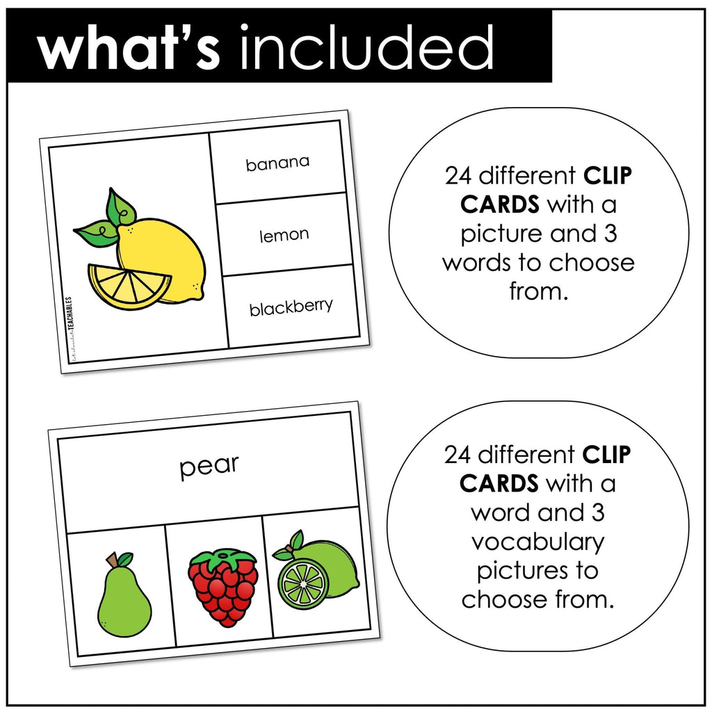 Fruit Vocabulary CLIP CARD activity task cards for ELL - ESL - EFL - Hot Chocolate Teachables