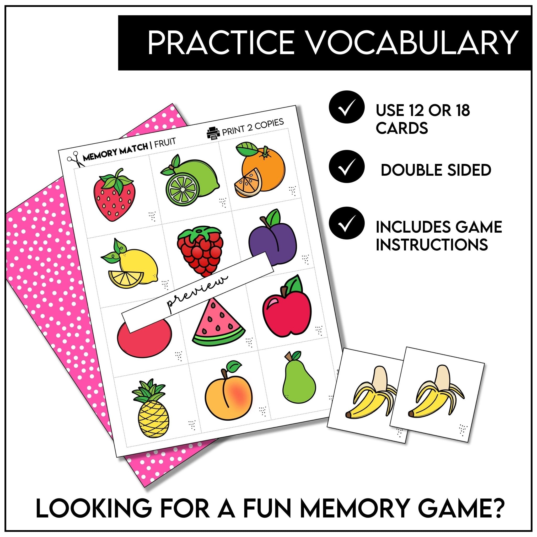 Fruit Vocabulary Memory Game | Printable Picture Card Matching Activity - Hot Chocolate Teachables