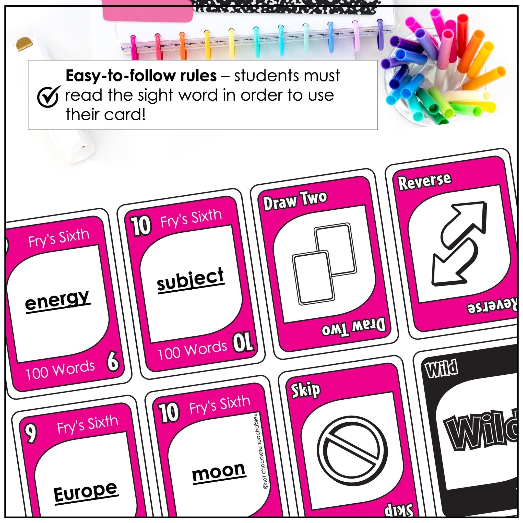 Fry's Sight Words Card Game - Sixth Hundred Words - Plays like UNO - Hot Chocolate Teachables