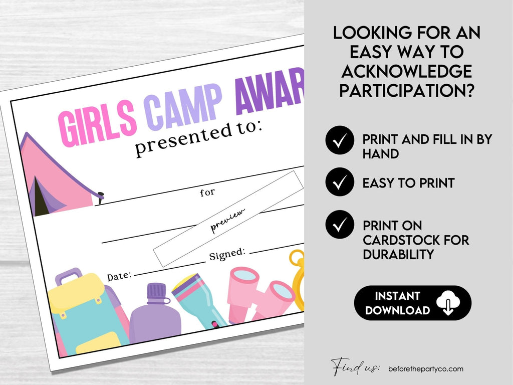 Girls Camp Awards, Summer Camp Certificate for Kids, Printable Certificate of Participation - Hot Chocolate Teachables