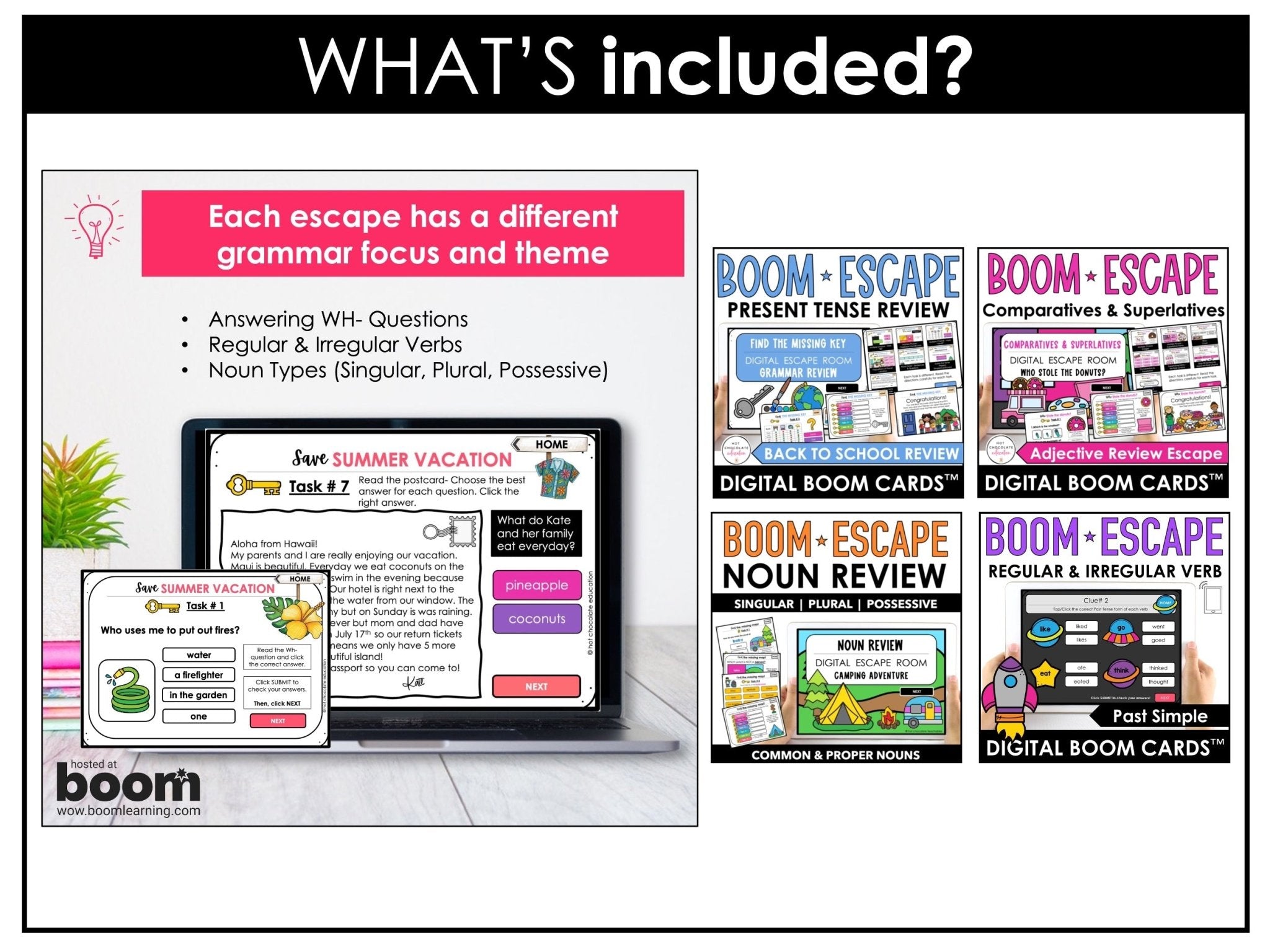 Grammar Escape Activities | Boom Card™ Bundle | Verbs, Parts of Speech for ESL - Hot Chocolate Teachables