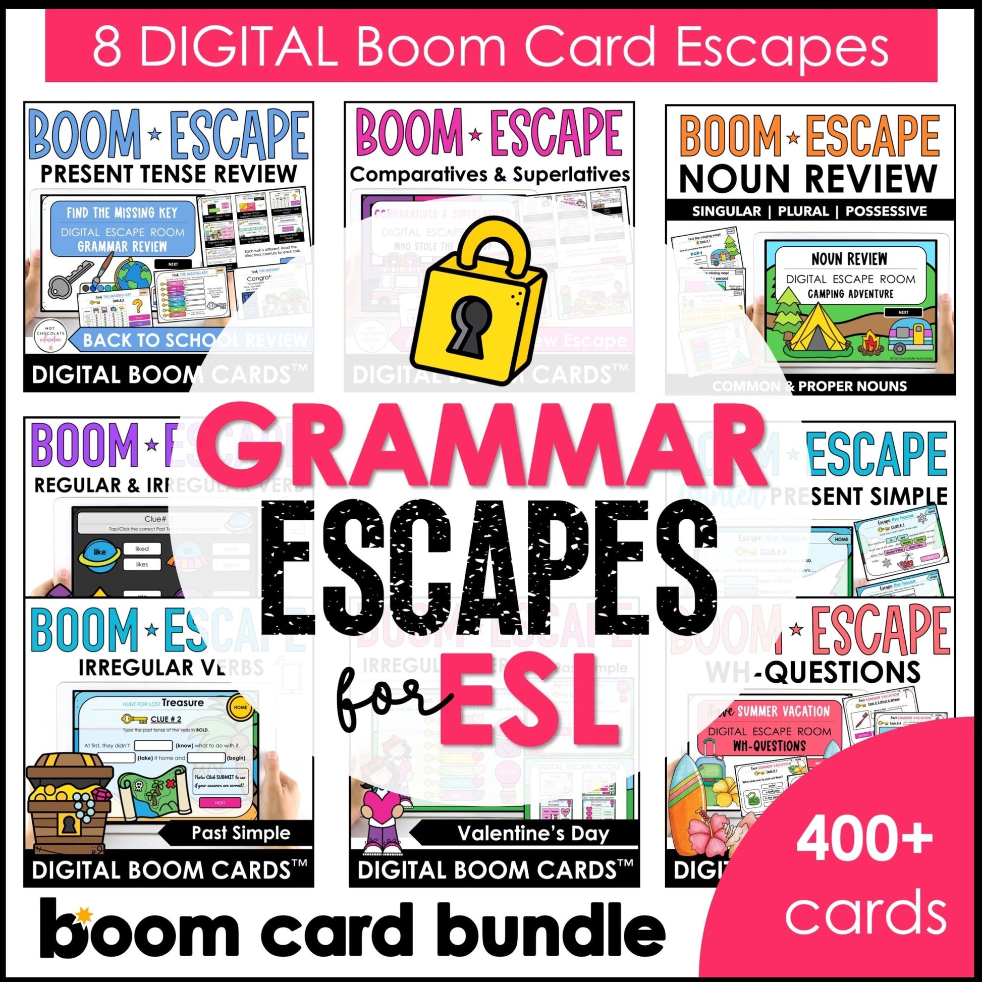 Grammar Escape Activities | Boom Card™ Bundle | Verbs, Parts of Speech for ESL - Hot Chocolate Teachables
