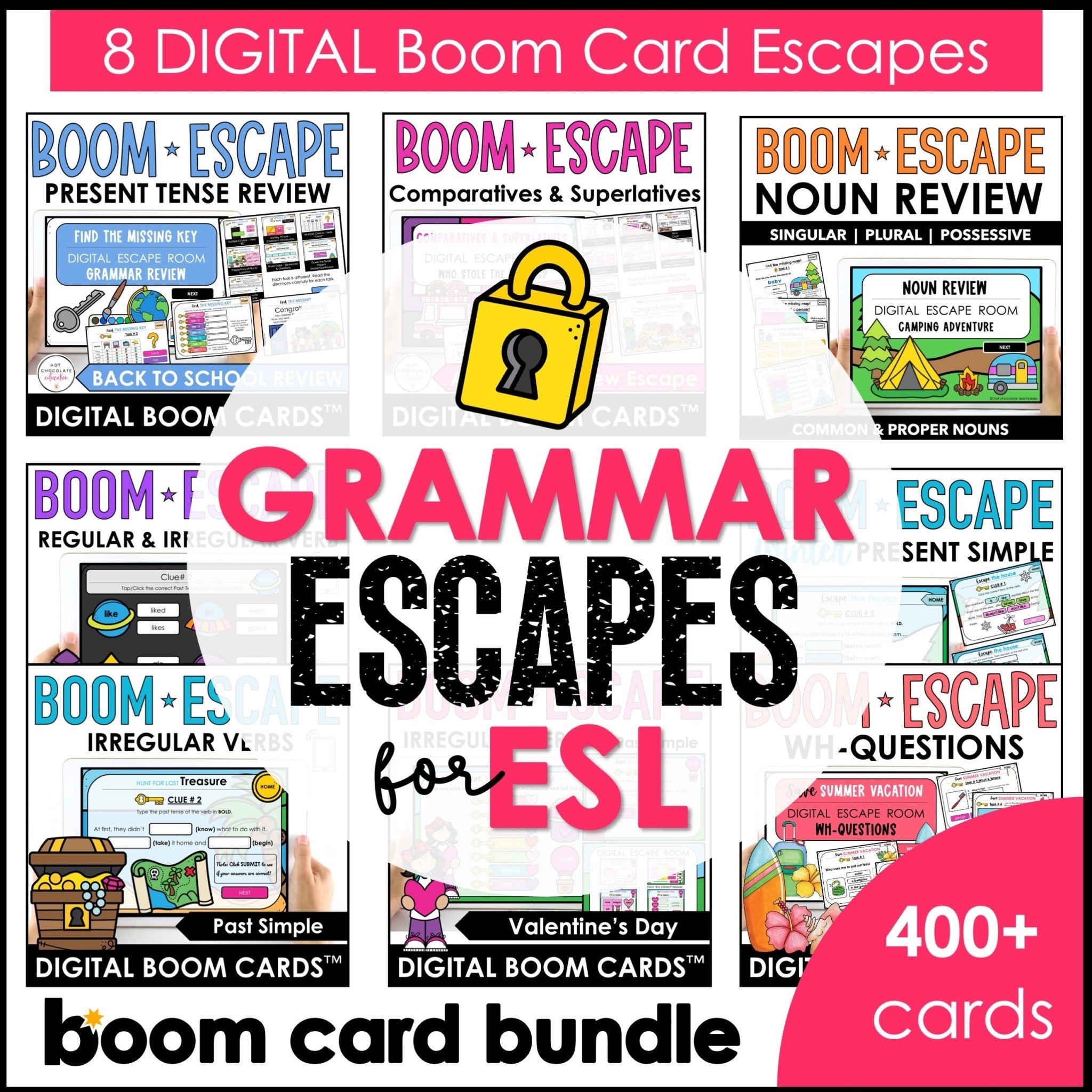 Grammar Escape Activities | Boom Card™ Bundle | Verbs, Parts of Speech for ESL - Hot Chocolate Teachables